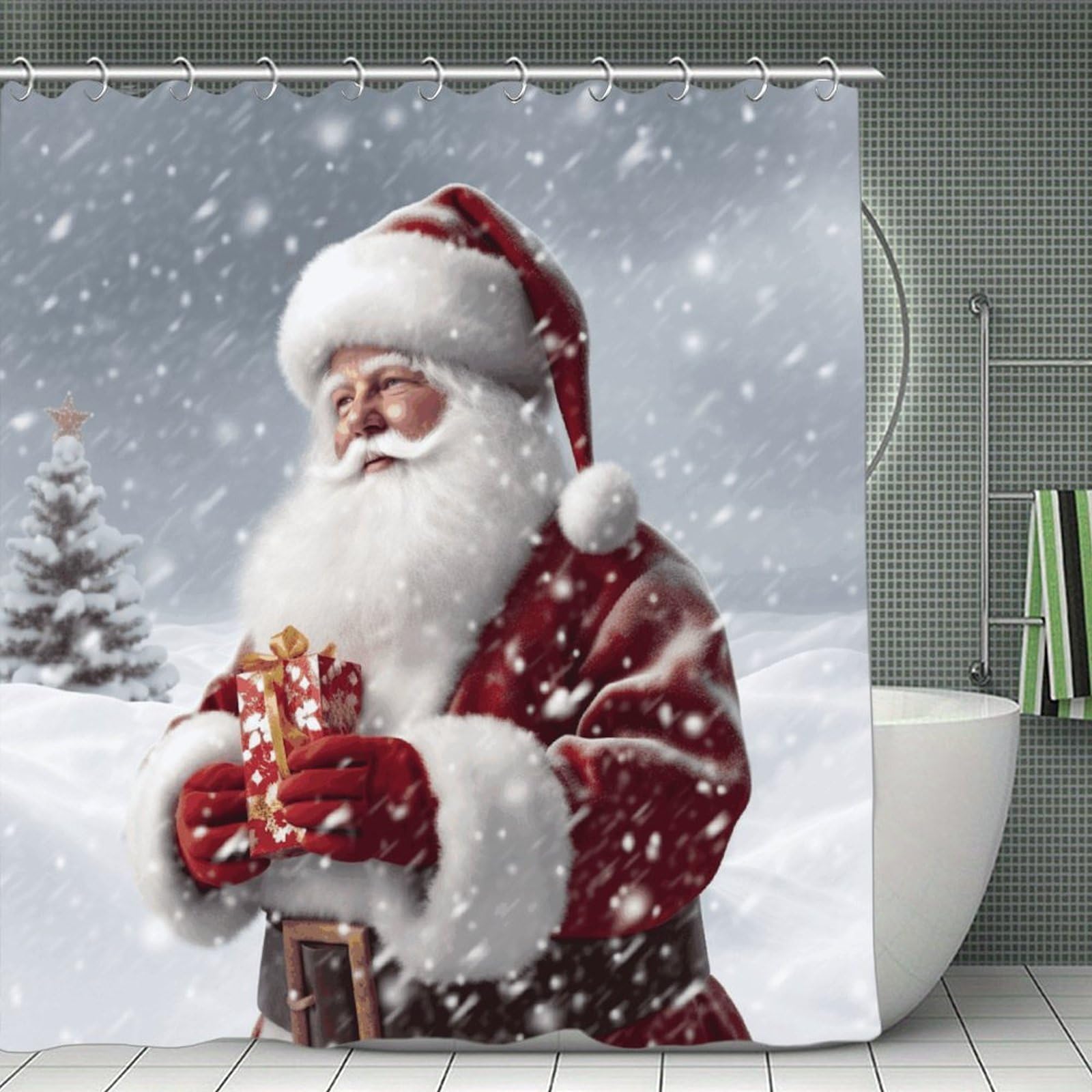 JTREHY Santa Claus Snow Secenry Shower Curtain Waterproof Bathroom Shower Curtain Machine Washable Bath Curtains Polyester Cloth Bath Curtains for Bathroom Showers 70.8×70.8Inch