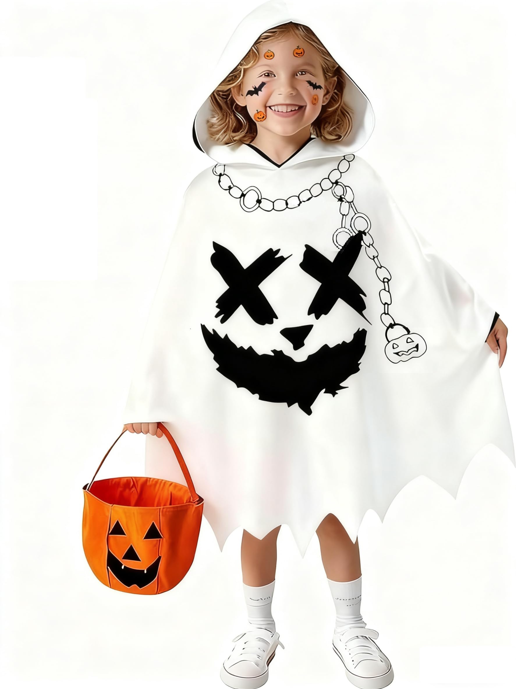Joxessaien Halloween Ghost Costume Children, Ghost Cape White with Hood for Boys and Girls Halloween Ghost Costume Children for Party Cosplay Ghost with Pumpkin Bucket
