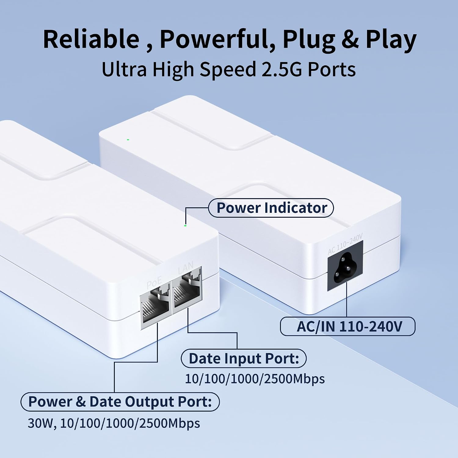 2.5Gbps PoE+ Injector 30W, 802.3af/at, Up to 100M