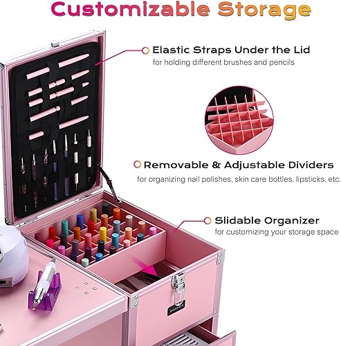 Vista 71 de BYOOTIQUE Estación de escritorio de mesa de manicura portátil para organizador de tecnología de uñas, estuche de maquillaje rodante con ruedas, 4