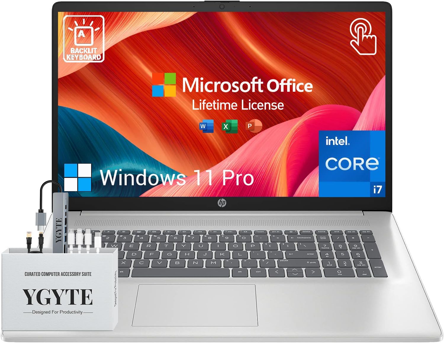 HP 17 Touchscreen Laptop Computer, 17.3 Inch HD+ Touch Screen Business PC, Intel Core i7, Windows 11 Pro, 32GB RAM, 1TB SSD, Lifetime Microsoft Office, 10-Key Numeric Backlit Keyboard