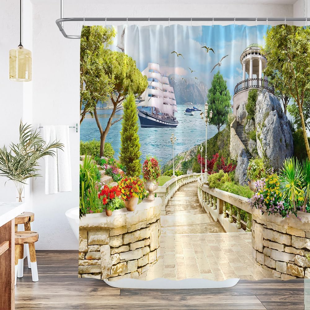 Italian Natural Scenery Country Style Shower Curtain Flower Green Leaf Arch Mediterranean Town Landscape Polyester Fabric Garden Bathroom Decor Set with Hooks 90Wx70H Inch
