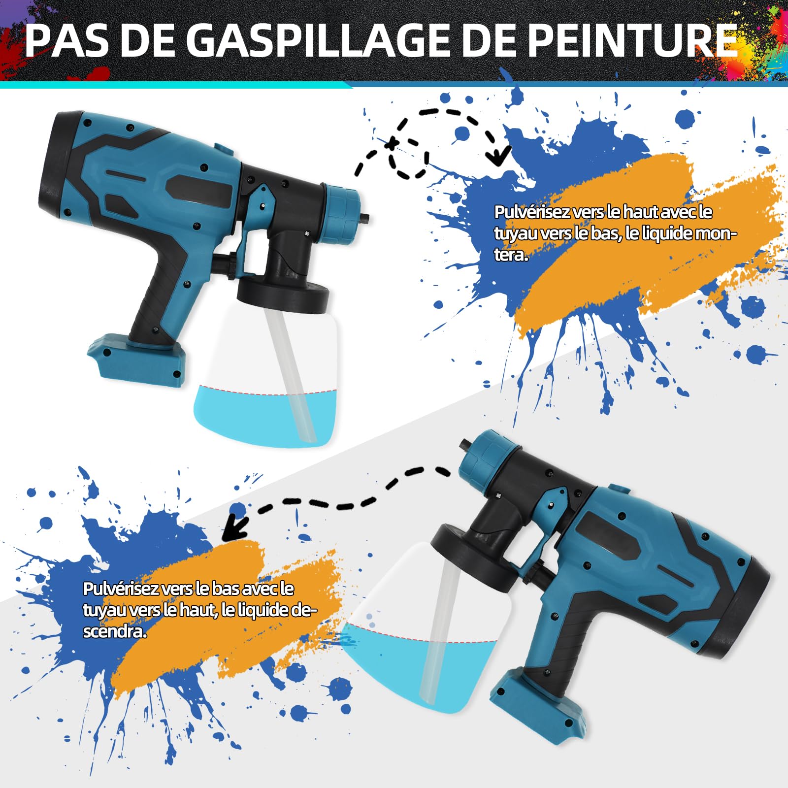 Système de pulvérisation de peinture sans fil avec réservoir de 800 ml et 4 buses, 3 modes de pulvérisation, pistolet à peinture pour murs et clôtures, compatible avec batterie Makita 18 V (sans