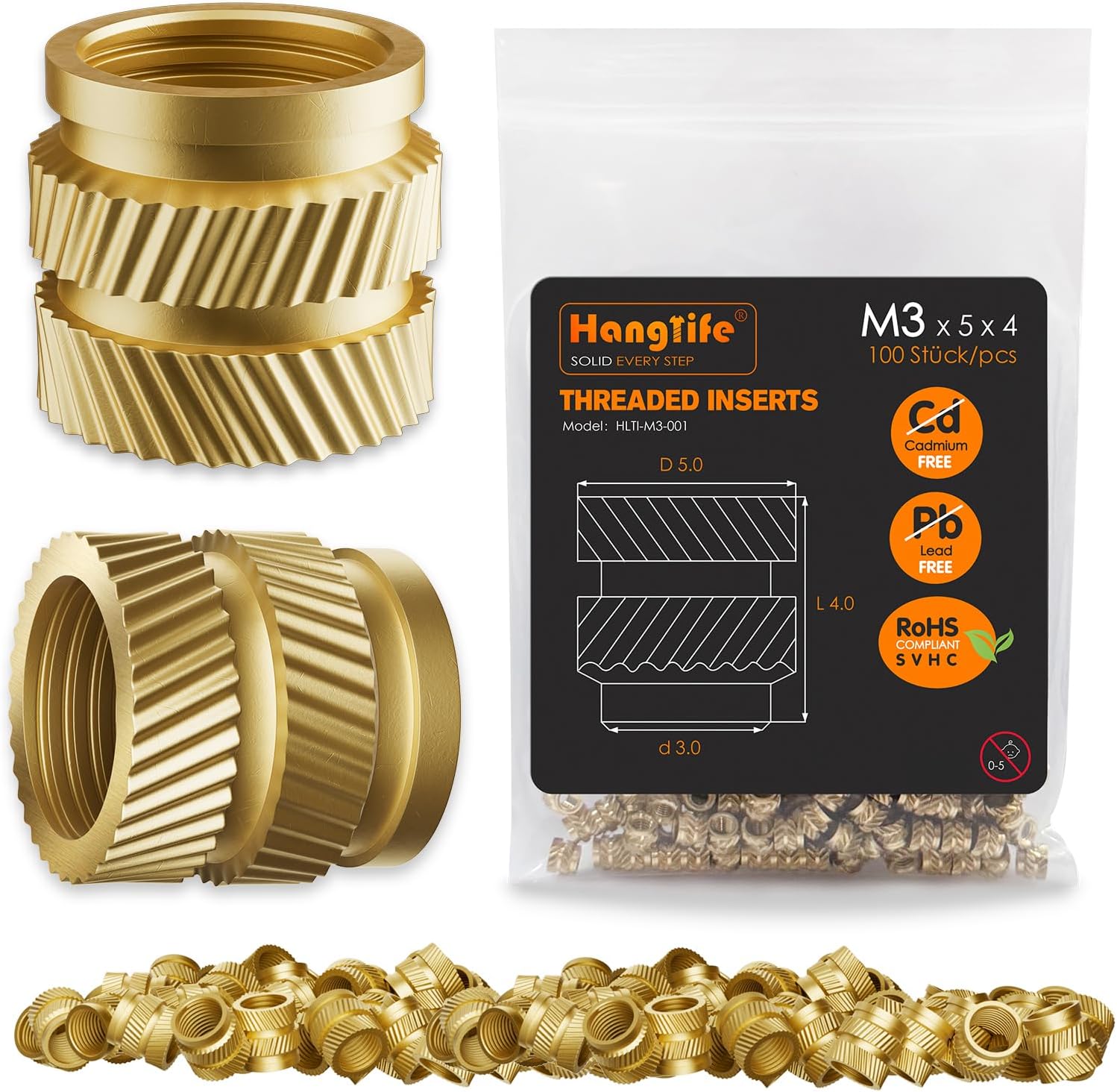 HANGLIFE Threaded Inserts for Plastic, M3 Heat Set Insert for 3D Printing Components and Plastic Parts - Brass Metric Knurled Nuts (100 Pieces)