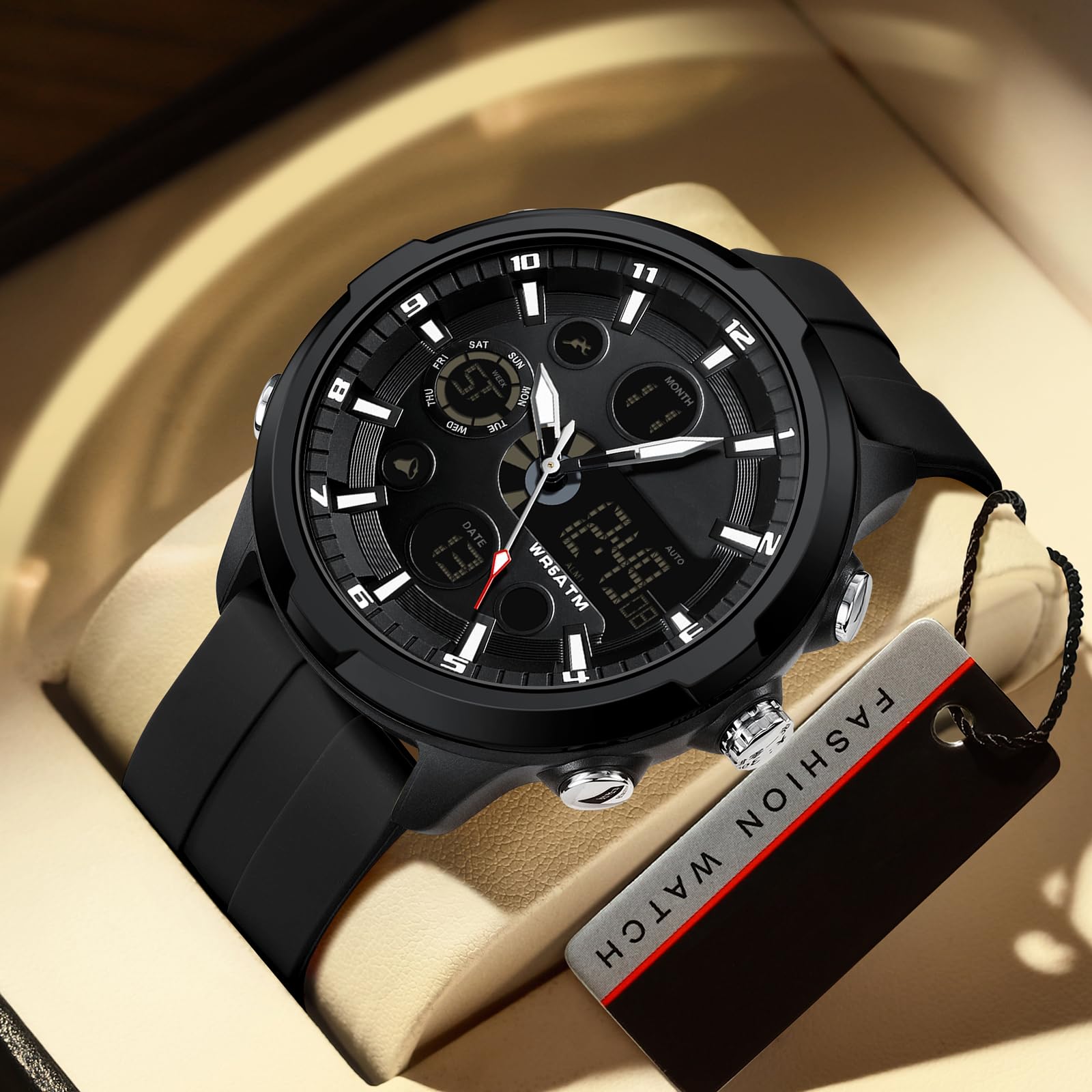 findtime Orologio sportivo da uomo, doppio fuso orario, analogico, digitale, militare, impermeabile, tattico, casual, 50 mm, con sveglia luminosa a LED, snooze, cronometro, lunetta in lega