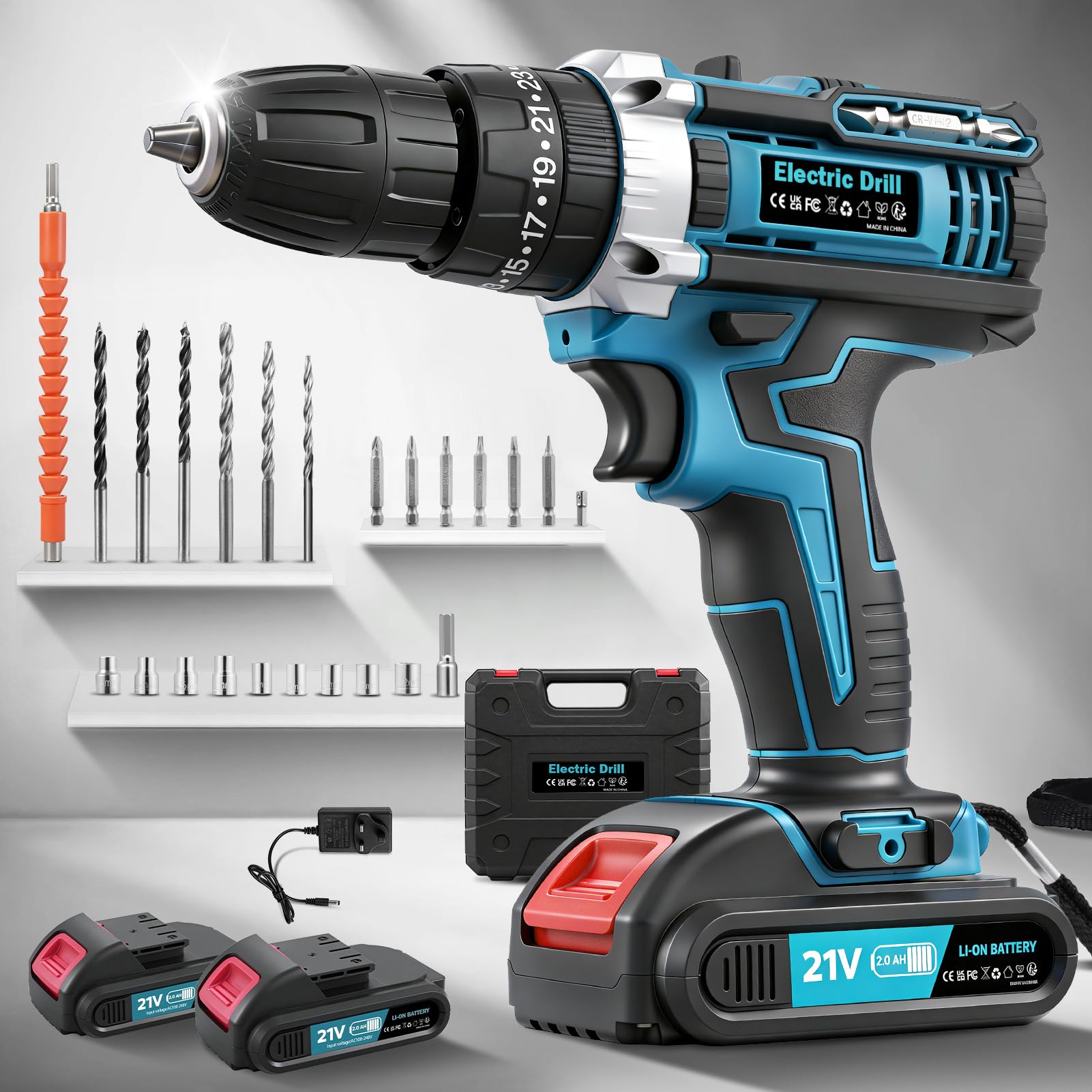 wowspeed 21V Cordless Drill, 50Nm Electric Screwdriver Set with 2 * 2000mAh Battery, 3/8” inch Chuck Power Drills, 25+3 Torque Cordless Hammer Drills, 2 Speed, LED Light, Home Power Drill Drivers