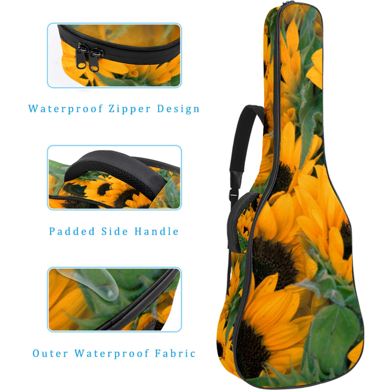 Gitarren-Gigbag, wasserdicht, Reißverschluss, weicher Gitarren-Rucksack, Bassgitarre, Akustik- und klassische Folk-Gitarren-Tasche, Pflanzen-Sonnenblumen-Blumenmuster
