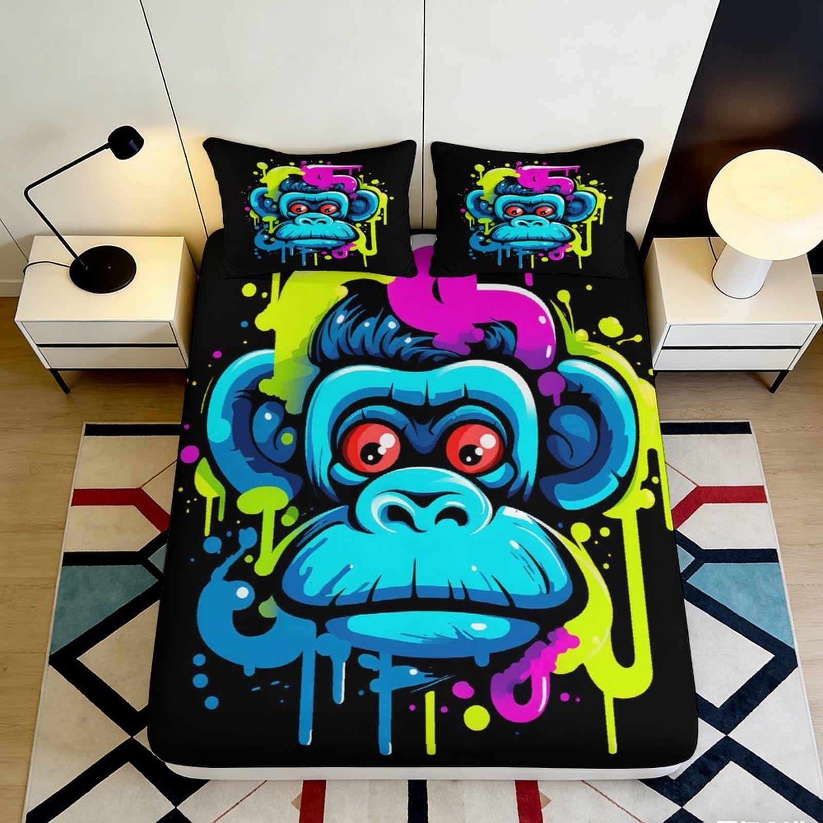 Jqzkxnhpbr Style-1 3D Printed Graffiti Monkey Fitted Sheet Microfiber Soft Bed Sheet Neon Art Mattress Cover Bedroom Decor 90X200x25cm