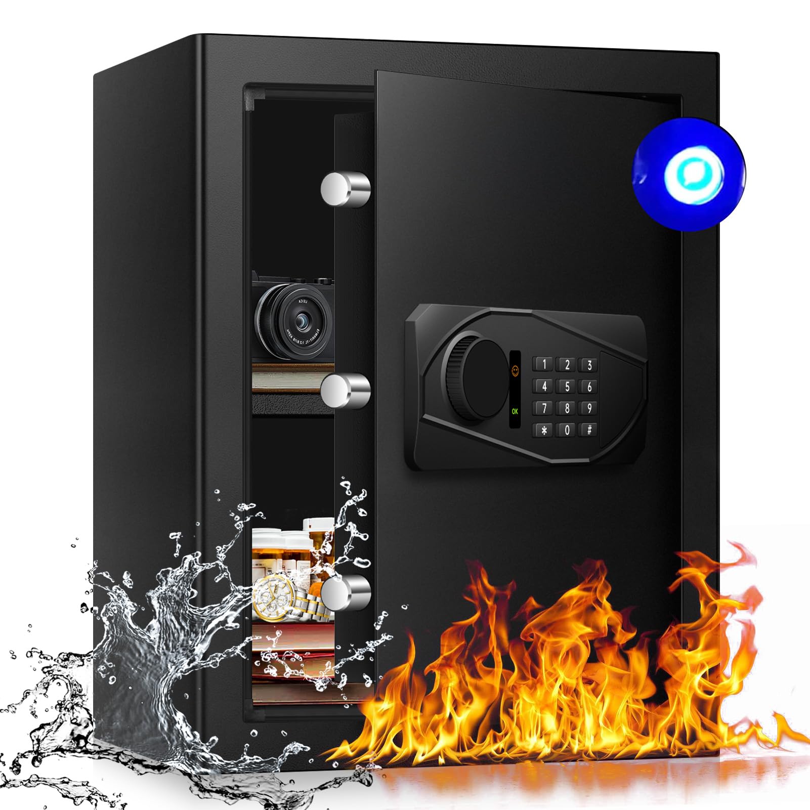 Digital Security Elektronischer Tresor mit LED-Beleuchtung, 60L Feuersicherer Safe für Zuhause, Büro, Hotel – Inklusive A4-Dokumentenbeutel und Wandmontage-Set (35x35x45cm)