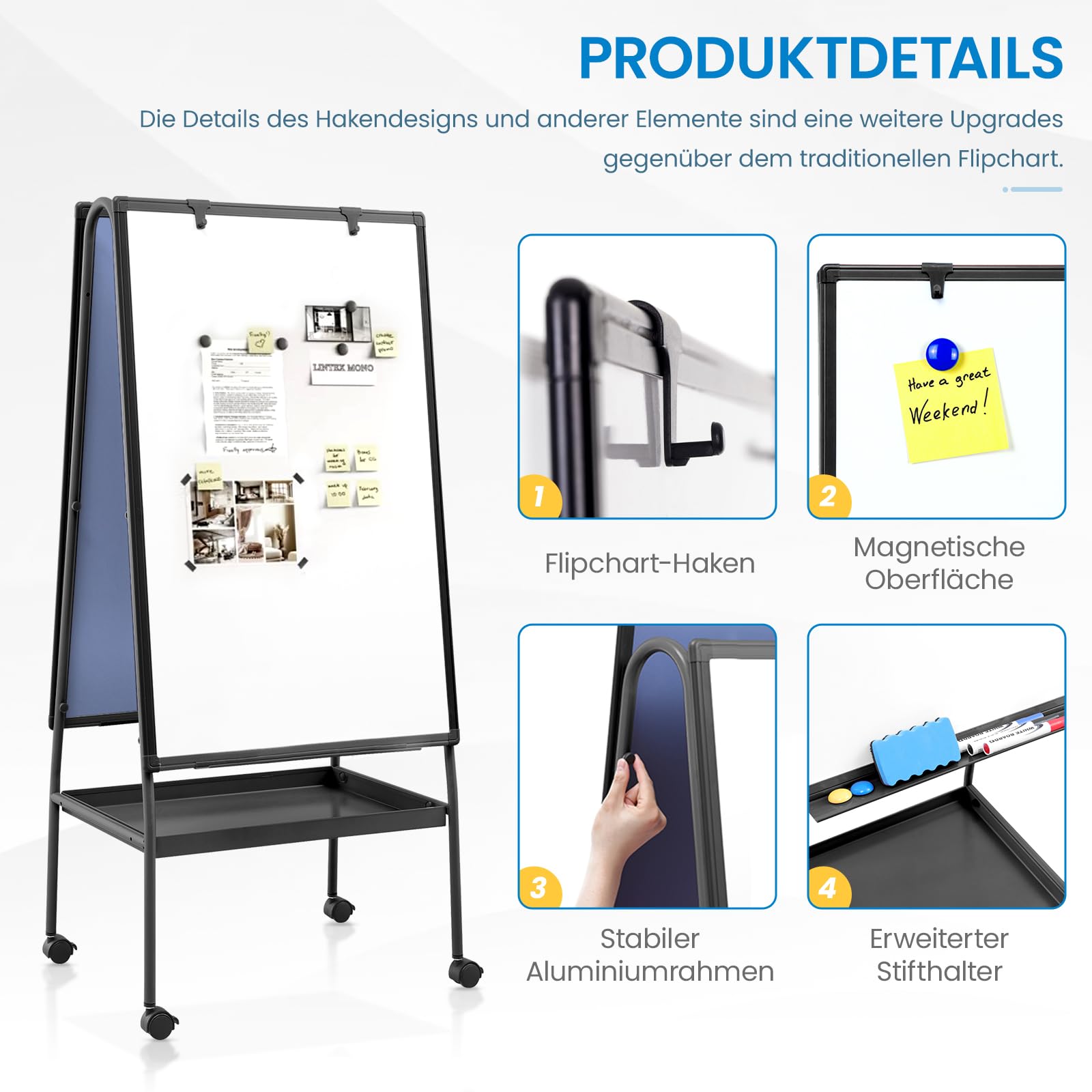 MAKELLO Flipchart 90x60cm Doppelseitiges Whiteboard mit Ständer | Höhenverstellbar, Magnetisch und Beschreibbar, mit 4 Leisen Rollen, mit Ablagefach, Flipchart Ständer für Büro