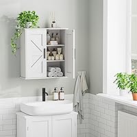 Vista 7 de Armario de pared para baño, armario de almacenamiento sobre inodoro con puertas de granero y estantes ajustables, botiquín de 3 niveles montado