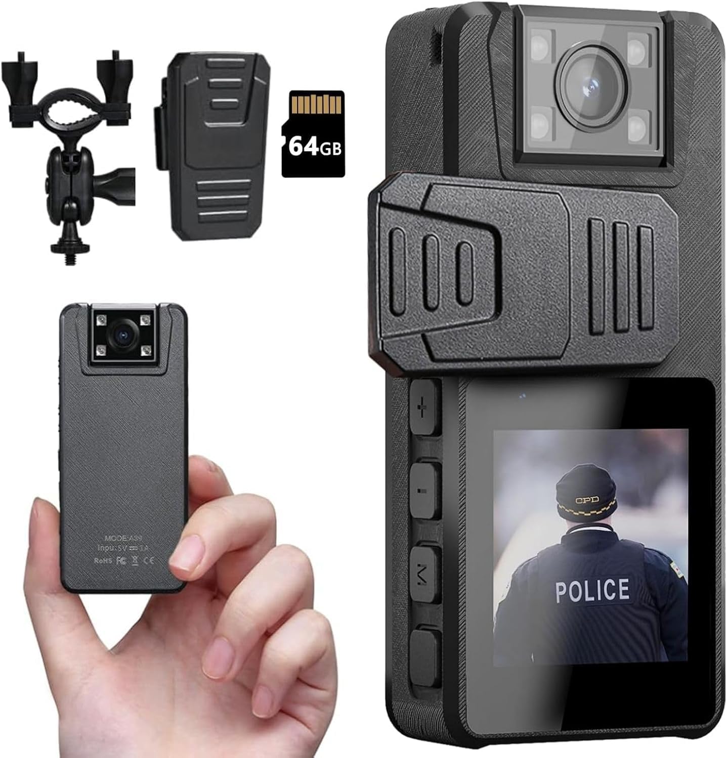 Body Camera 3000mAh, 1296P Camcorder with IR Night Vision, 180° Rotatable Lens and 2 Sturdy Clips, 64GB Body Cam with Audio and Video Recording, Ideal for Police Cycle Delivery Home (64GB) (64GB)