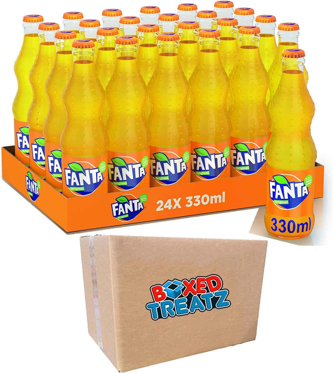 Fanta Orange Glass Bottles 24 x 330ml Sparkling Orange Fruit Drink With Sugar And Sweeteners Suitable For Vegetarians And Vegans Boxed Treatz