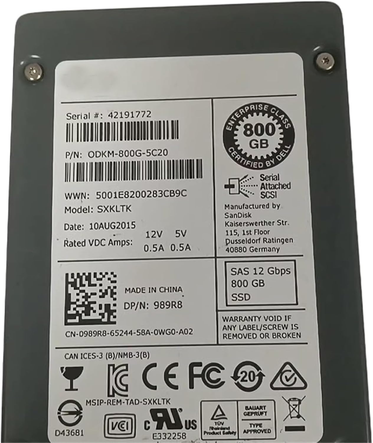 1Pcs 989R8 for 800G SSD SAS 12G 2.5'' 0DKM-800G-5C20 Storage Hard Disk