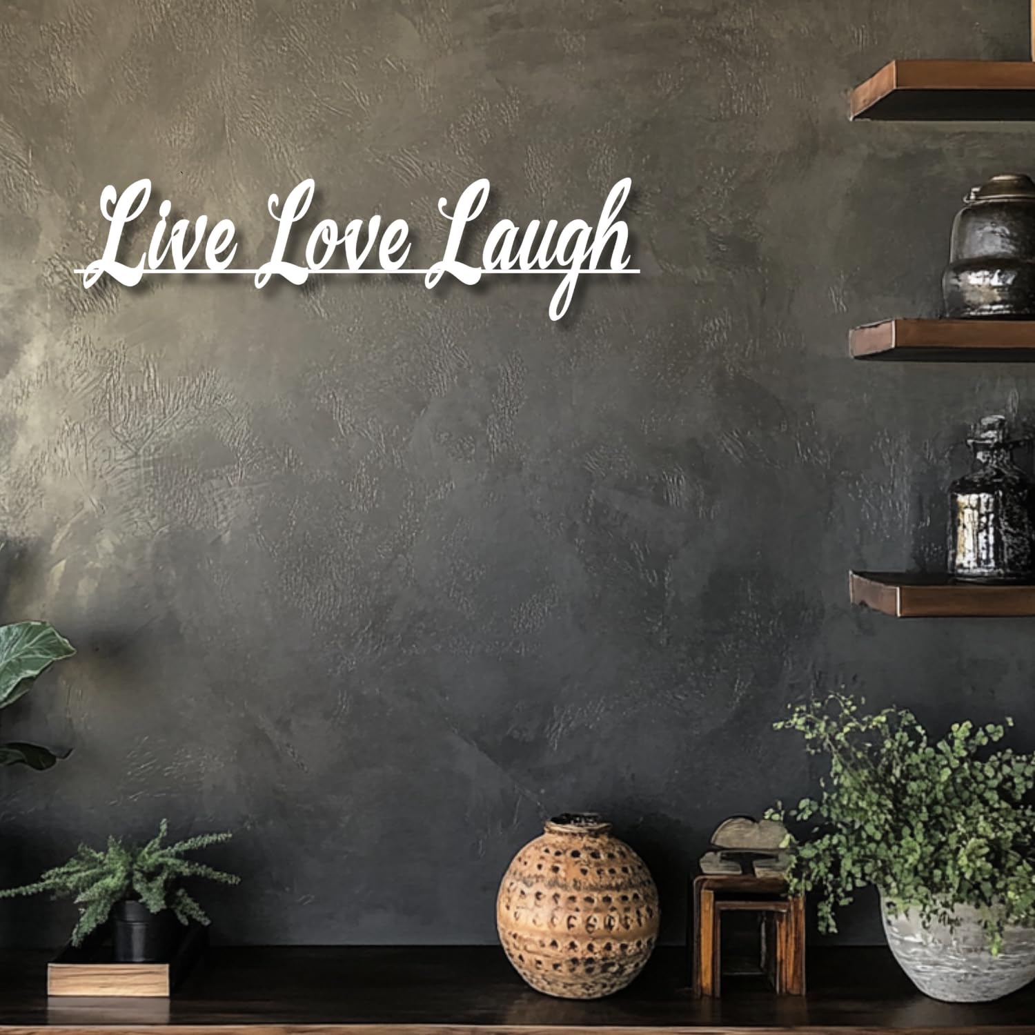 Nowoczesna minimalistyczna metalowa dekoracja ścienna, słowa "Live Love Laugh", "modem domowy", "salon" i "sypialnia" (czarny, 105 x 35 cm, bez ramki)