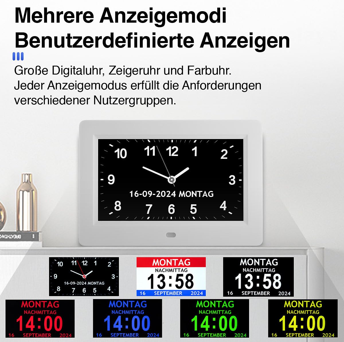 infactory Demenzuhr: Digital-Uhr mit 7"-Display, Wecker, Medizin-Erinnerung, Mediaplayer (Digitalkalender, LCD Uhr, Weck)