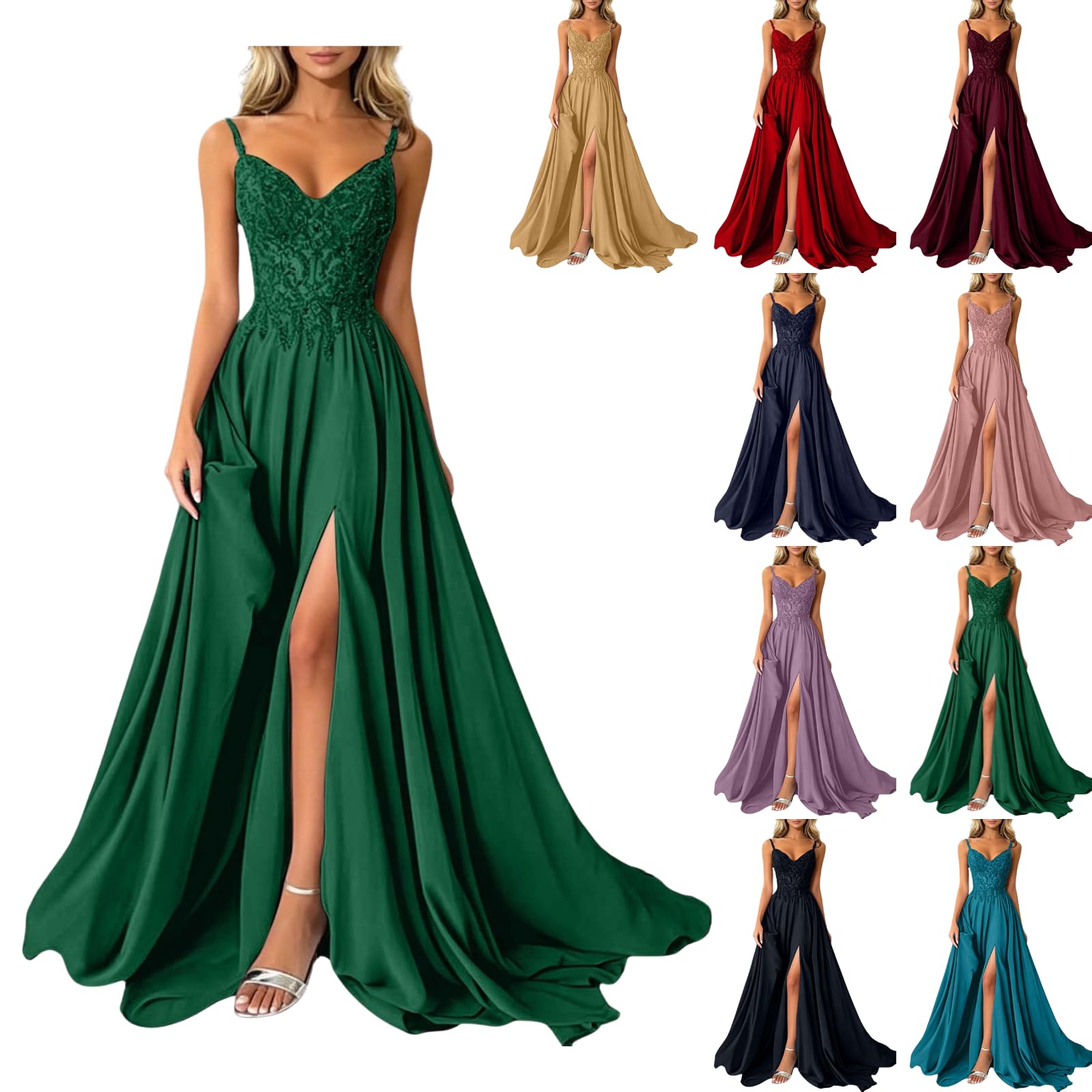 Abito da donna lungo ballo cerimonia matrimonio ospite chic elegante senza spalline in pizzo con fessura in chiffon per damigella d'onore cocktail sera raso