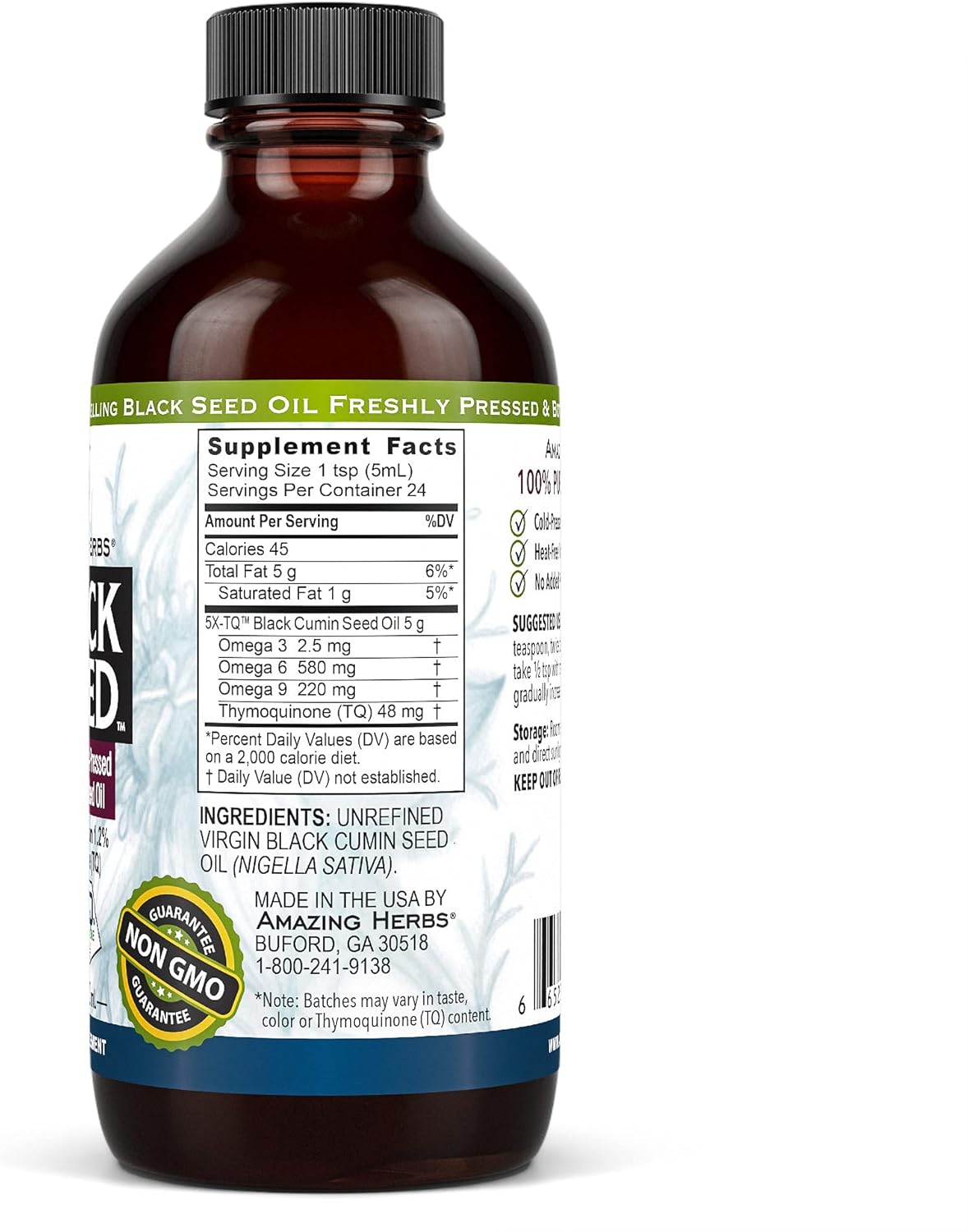 Amazing Herbs Premium Black Seed Oil - Gluten Free, Non GMO, Cold Pressed Nigella Sativa Aids in Digestive Health, Immune Support, Brain Function - 4 Fl Oz (Pack of 3)