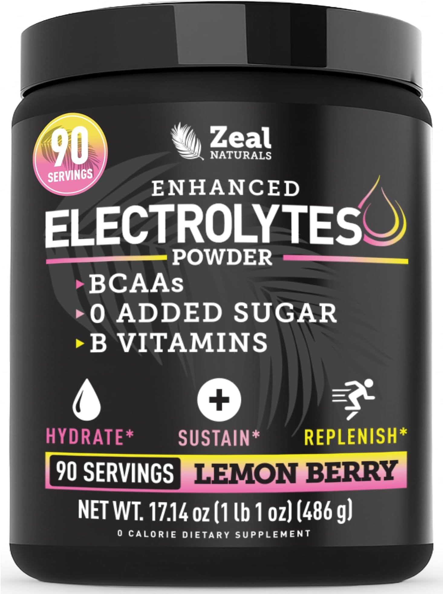 Zeal Electrolyte Powder - 90 Servings | Keto Electrolytes Powder | Zero Sugar, BCAAs, B-Vitamins | Potassium, Zinc, Magnesium | Hydration Powder Recovery Drink | Lemon Berry