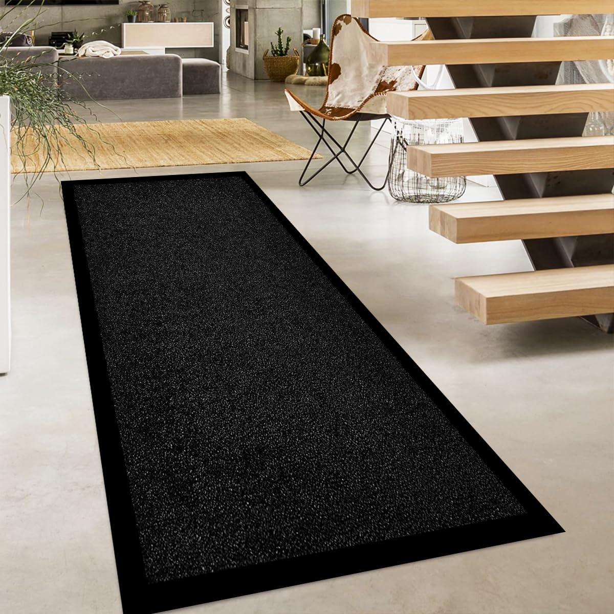PHP Hallway Runner Rug Heavy Duty Non-Slip Rubber Back, Long Carpet Runner - Dirt Trapper, Water Absorbent Runner Mat, Washable Rugs, Carpet for Hallway Kitchen Living Room (120x150cm, Black)