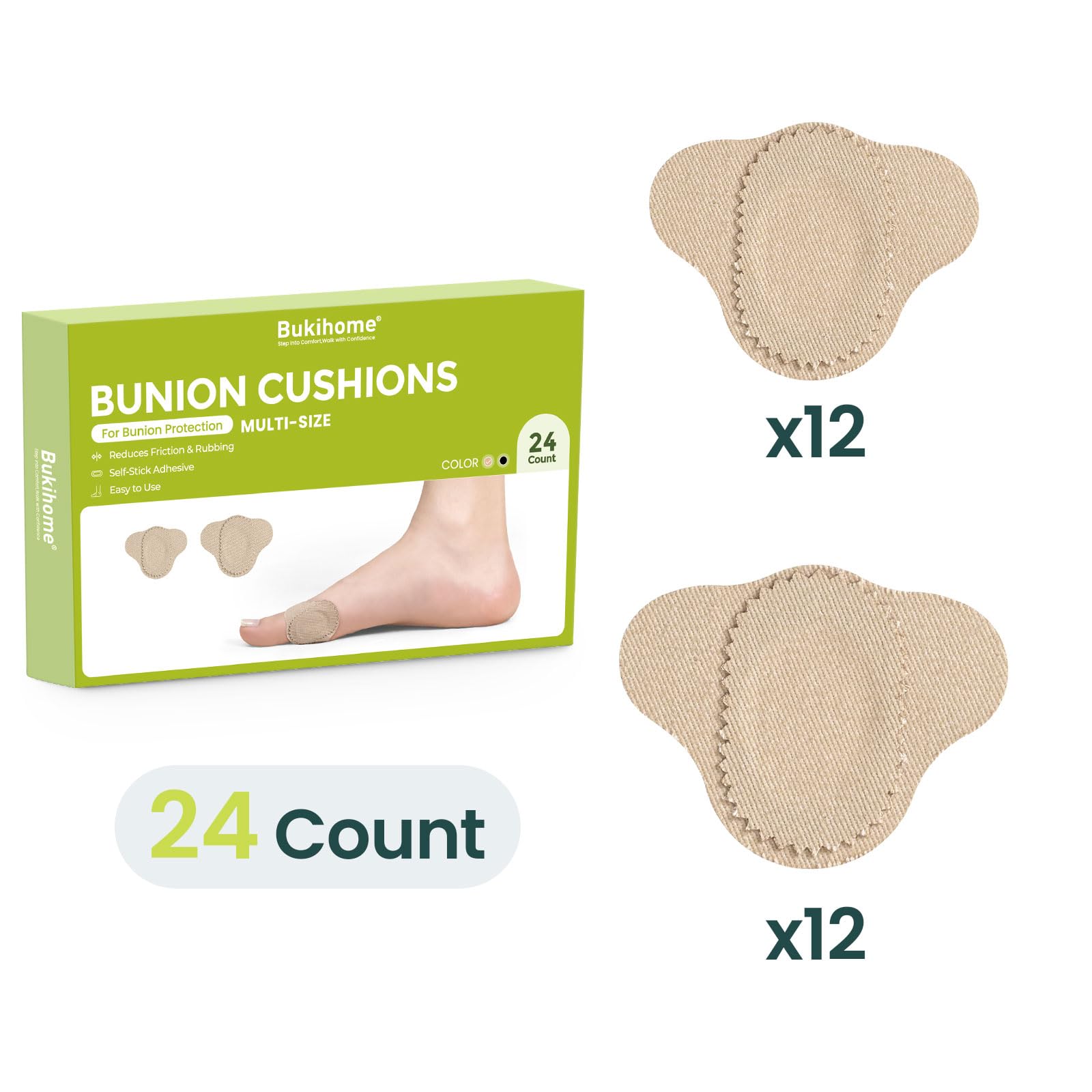 Bukihome Almohadillas para juanetes para llevar con zapatos, 24 piezas de moleskin para pies, resistentes al agua, cojines para alivio del dolor de juanetes para comodidad y protección durante todo el