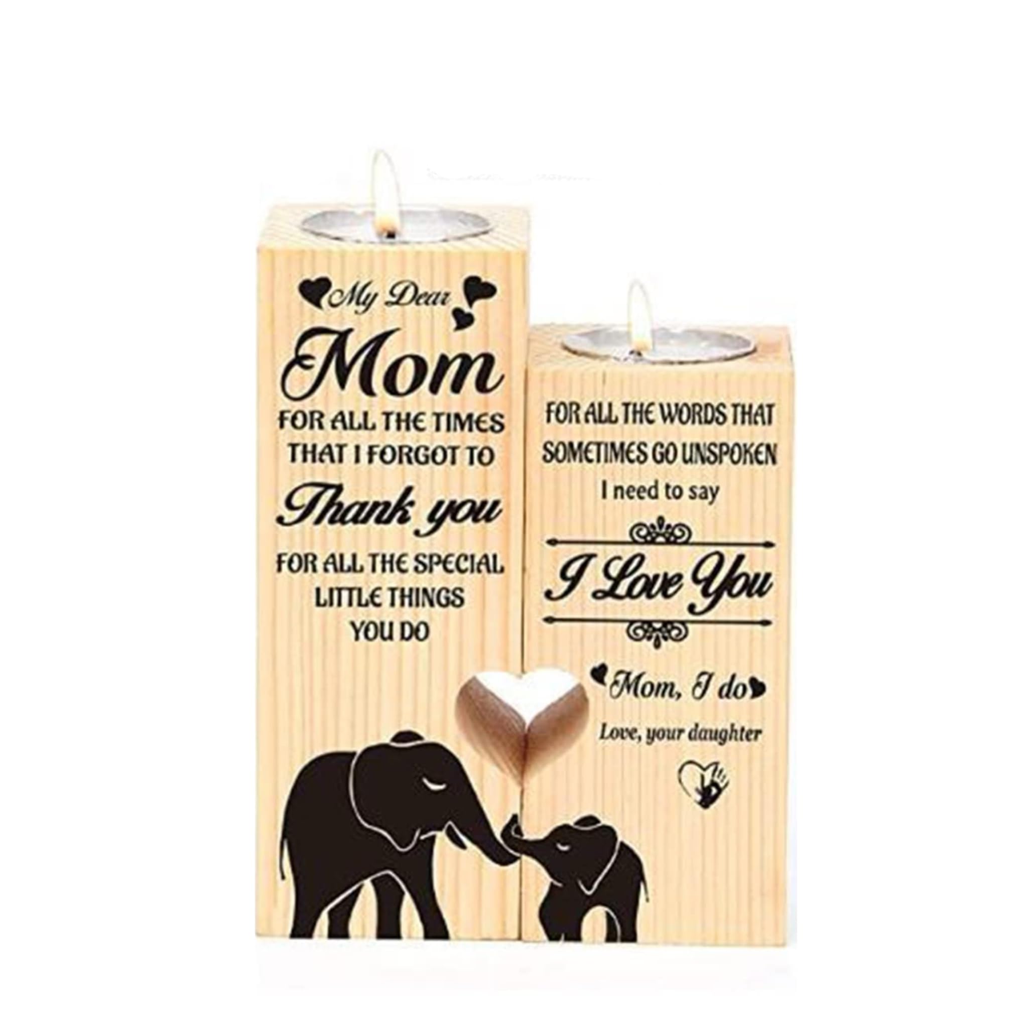 Eboutik My Dear Mum - Wooden Heart Shaped Candle Holders - Decorative Elephants Candlestick For Mother Friendship Gift - Present For Her - Decor