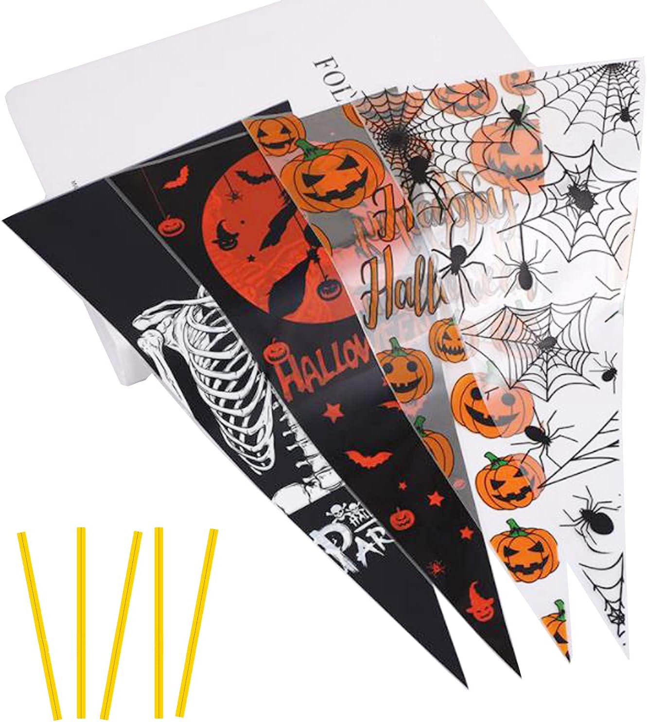 Halloween Bolsas para Caramelos Sonwaha 200 PCS Bolsas de Celofán Triangular Transparentes Corbata a Juego Bolsas OPP Bolsas de Regalo de Cono