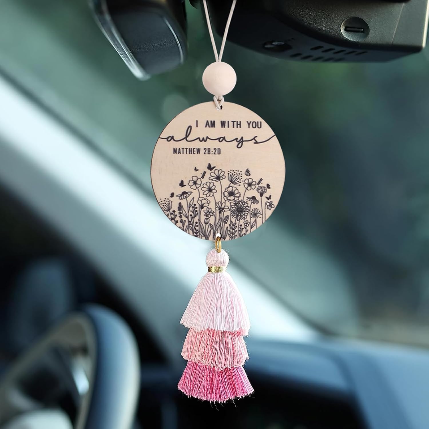 Christian Car Charm Gifts for Women Men, I am with You Always Rear View Mirror Hanger with Tassel Religious Car Hanging Ornament Accessories(Pink)