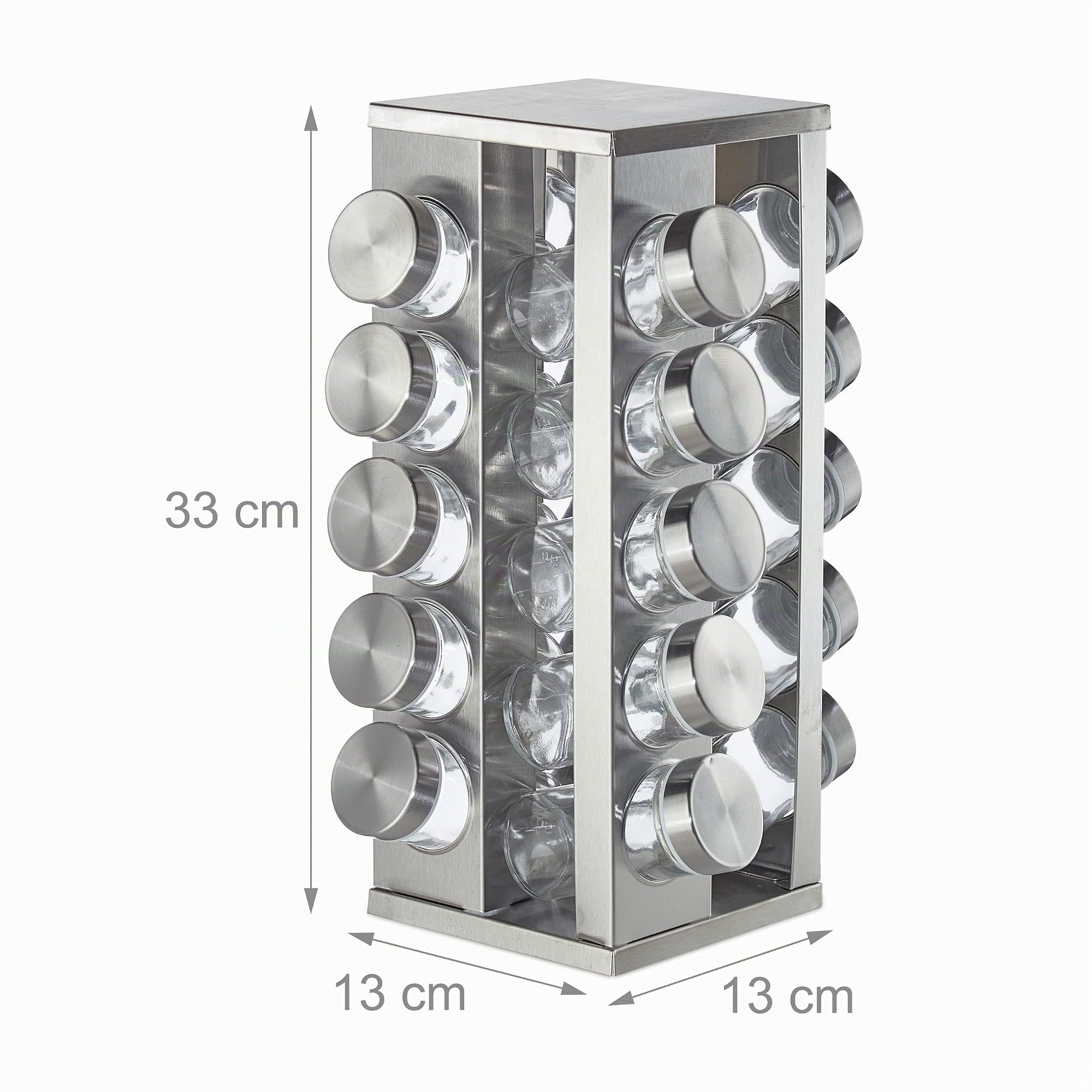 Relaxdays Tourniquet à épices, avec 20 pots, étagère rotative à 360°, inox, verre, H x D 33 x 20 cm, organiseur, argent