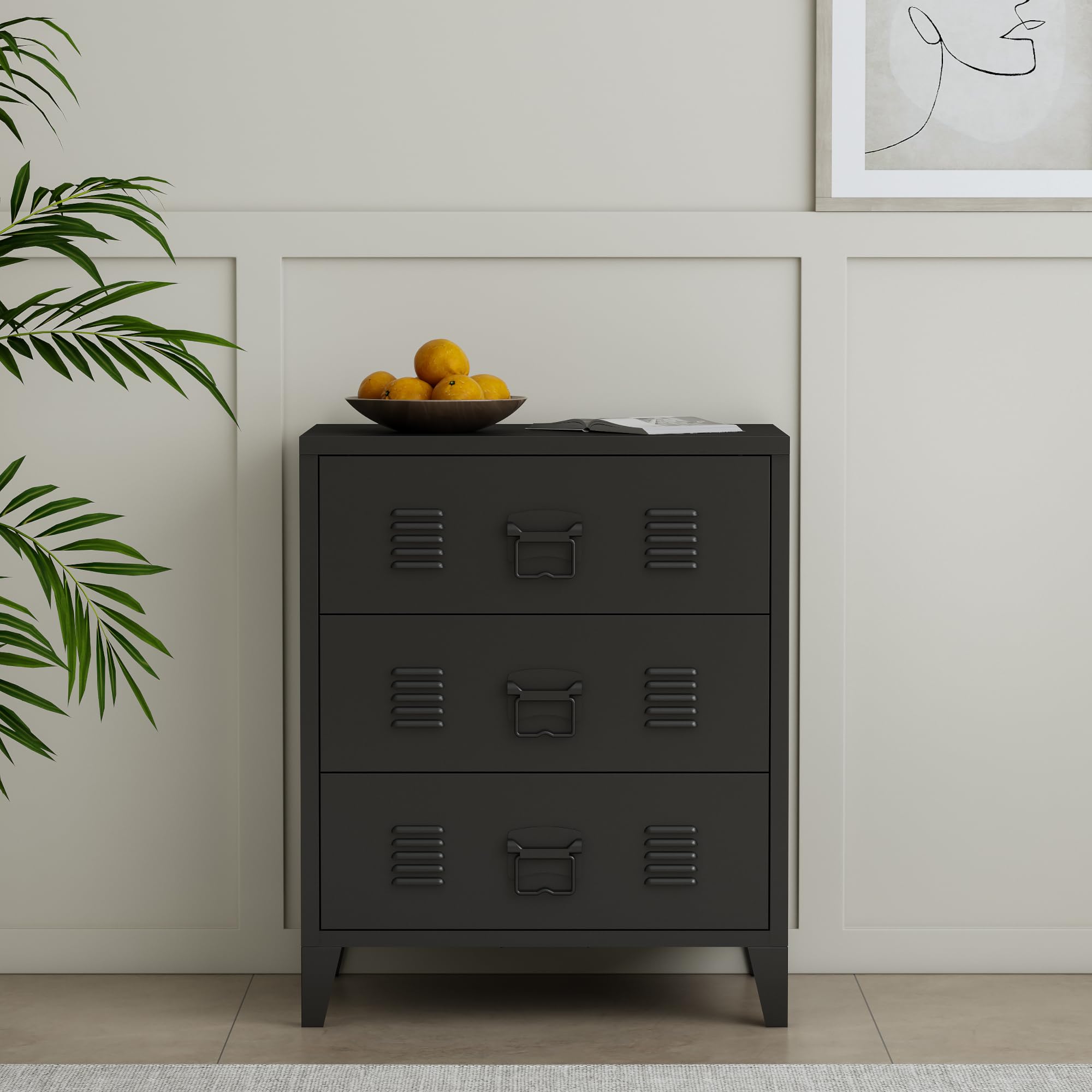 [en.casa] Cassettiera in Acciaio Comò con 3 Cassetti Organizzatore da Ufficio Soggiorno Mobile Contenitore per Archivio 72 x 60 x 40 cm - Nero