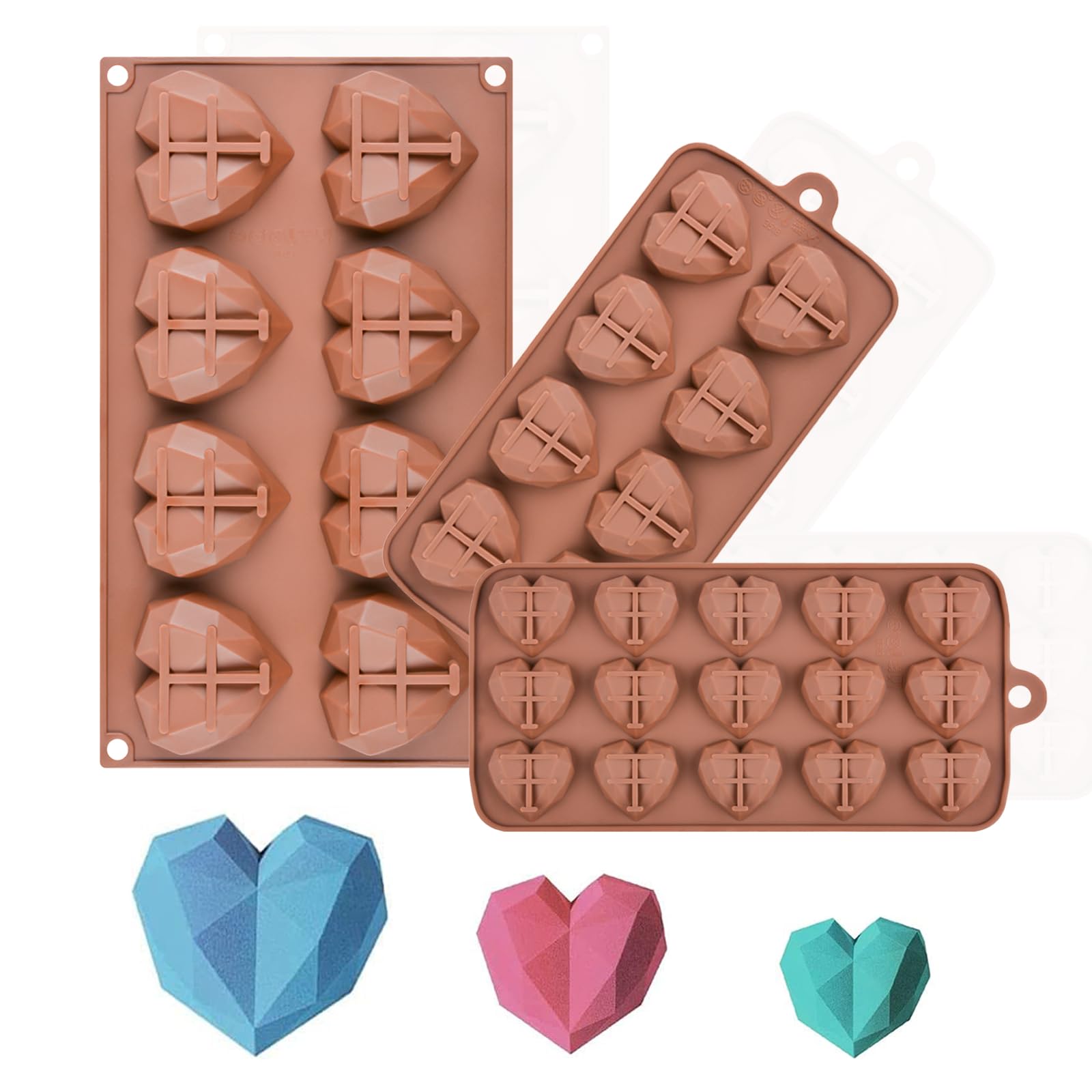 3 Sizes Silicone Molds for Chocolate Bombs Large Medium Small Diamond Heart Shaped Cake Mold Set Mini Heart Candy Molds for Wax Melts