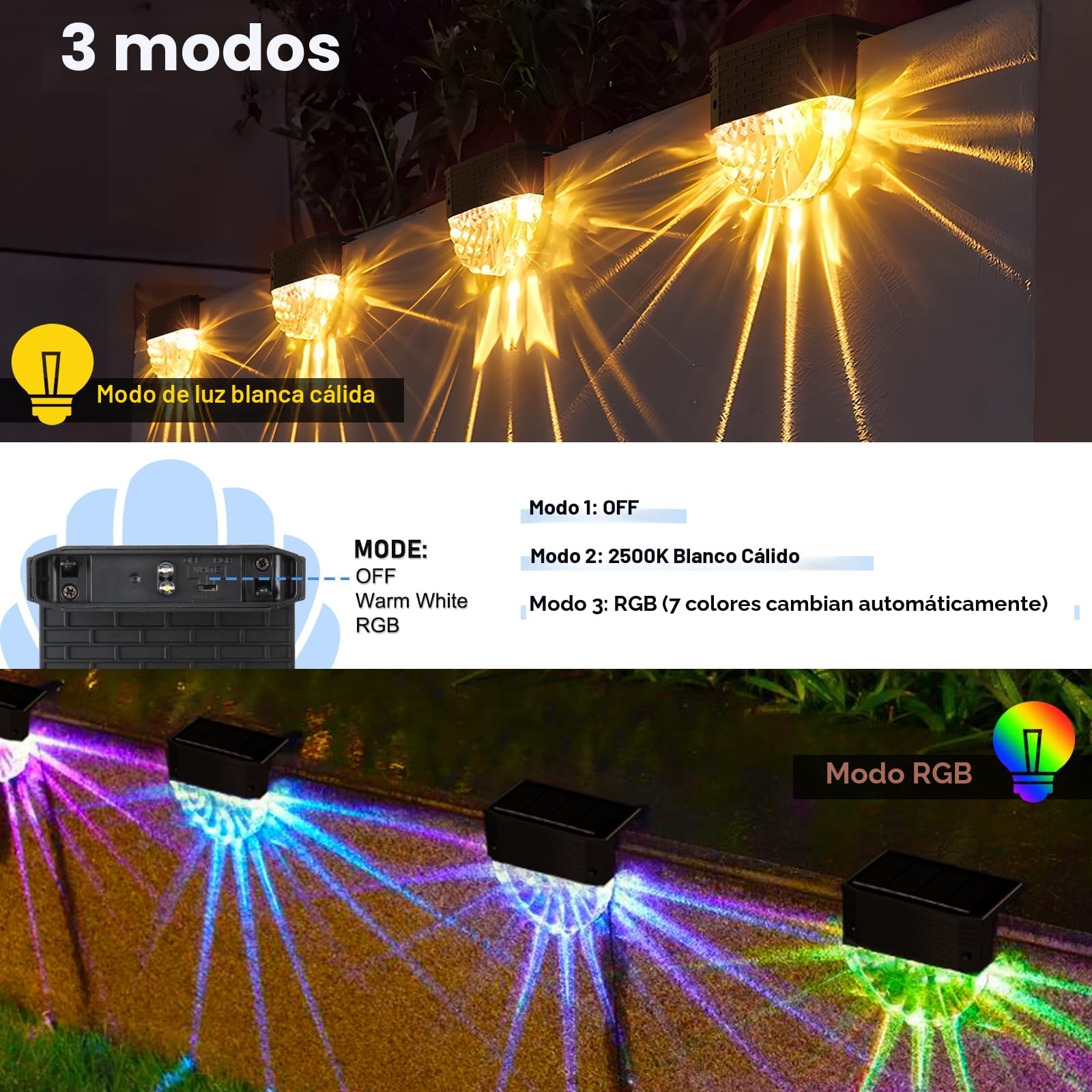 FIFlying Luces Solares Led Exterior Jardin, 6 Piezas Luz Solar Exterior, IP65 Impermeable Focos Led Solares, 3 Modelos Luz Solar Jardin, Auto ON/OFF Luces Solares para Valla Patio Escaleras Escalones