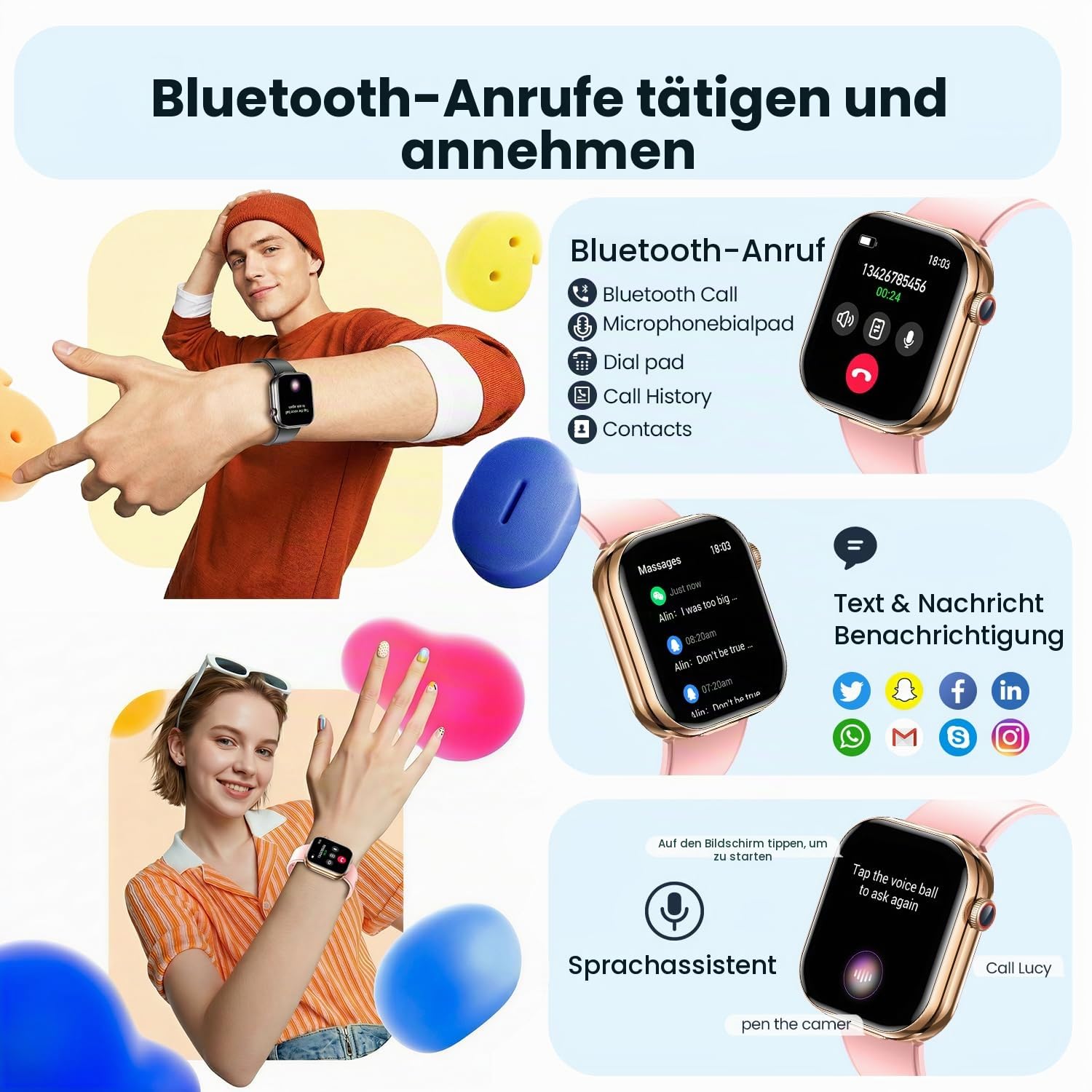 Smartwatch Damen Herren mit Bluetooth Kopfhörern: 2,02" HD Touchscreen Smart Watch mit Telefonfunktion Schrittzähler Schlafüberwachung Fitnessuhr IP67 Wasserdichte Sportuhr Kompatibel Android iOS