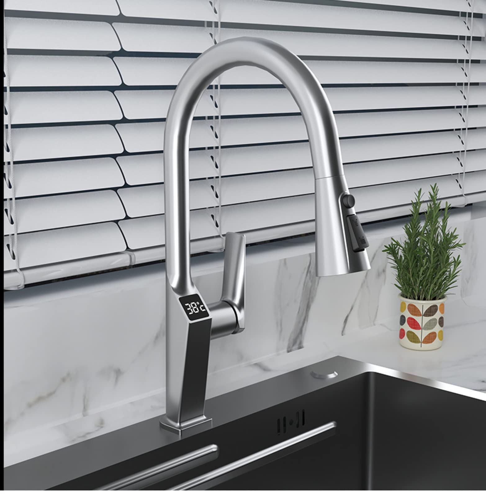 Pistola pulverizadora universal para grifo de cocina de 60 cm, manguera telescópica, agua caliente y fría, pantalla digital, diseño giratorio gris, perfecto para una fácil limpieza y uso versátil