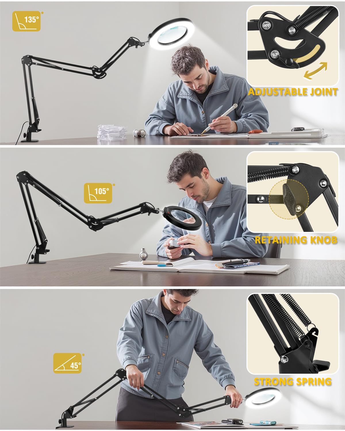 Lente d'ingrandimento 10X con luce e morsetto, lampada da scrivania a LED ultra lunga a 3 sezioni, braccio oscillante a 3 sezioni, 5 modalità di colore, dimmerabile continuamente, lente