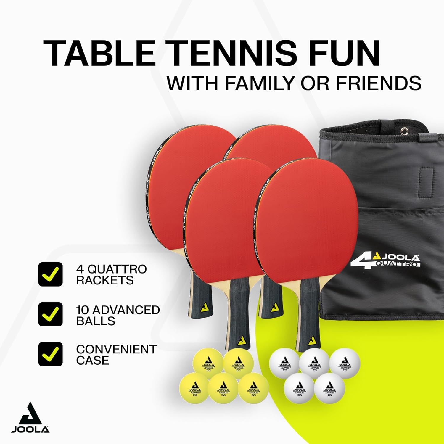 JOOLA Quattro Ping Pong Paddles Set of 4 - Includes 10 Advanced 3 Star Ping Pong Balls and Storage Case - 4 Competition Table Tennis Paddles to Help Improve Your Game with More Spin and Speed