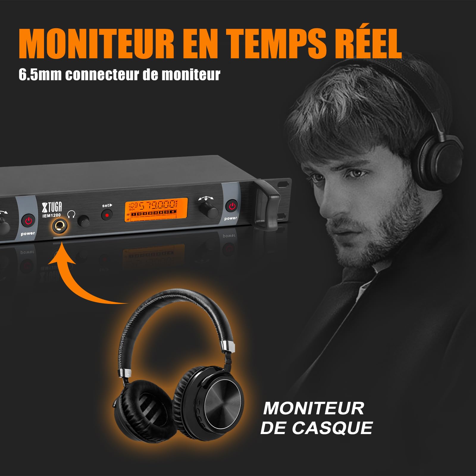 XTUGA IEM1200 - Sistema di monitoraggio wireless in Ear a 2 canali 6 Bodypacks con cuffie tipo wireless utilizzato per palcoscenico o studio, trasmissione in diretta, amplificatore per chitarra (6