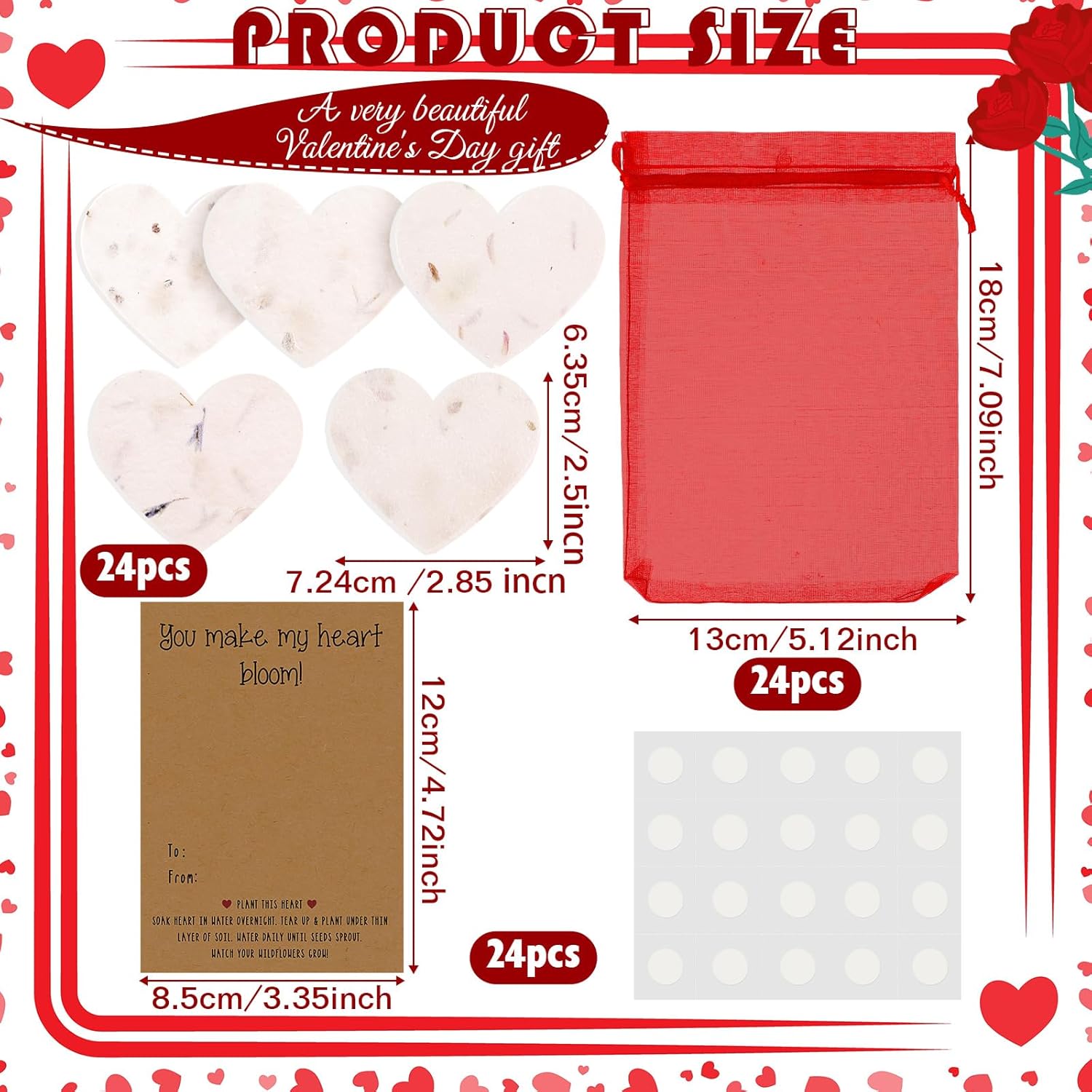 24 Pcs Valentine's Day Gifts Bulk Plantable Seed Paper Cards Heart Shape Seed Paper Valentines Heart Cards with Red Organza Bags for Galentine Valentines Exchange Gifts