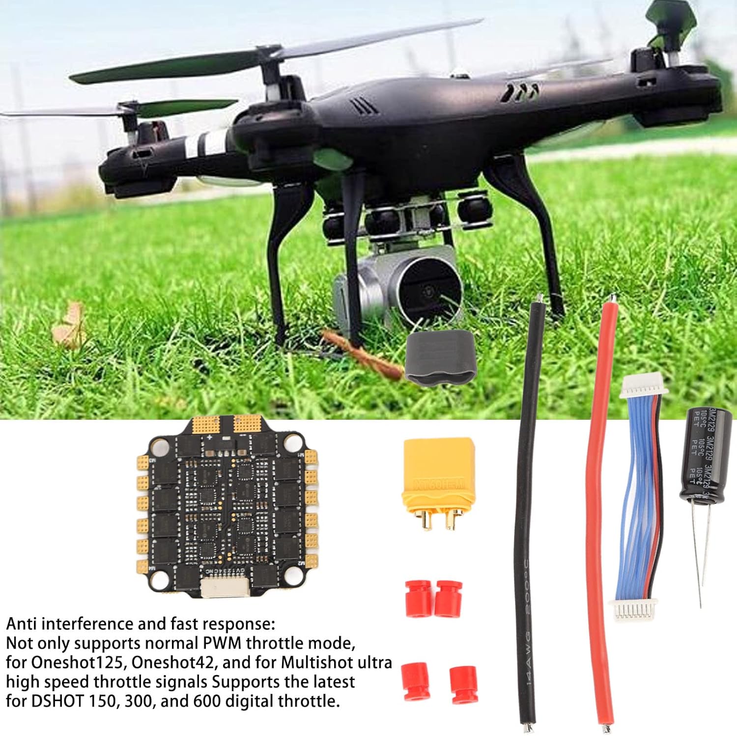 Drfeify 60A 4-in-1 RC Brushless ESC components next to a racing drone