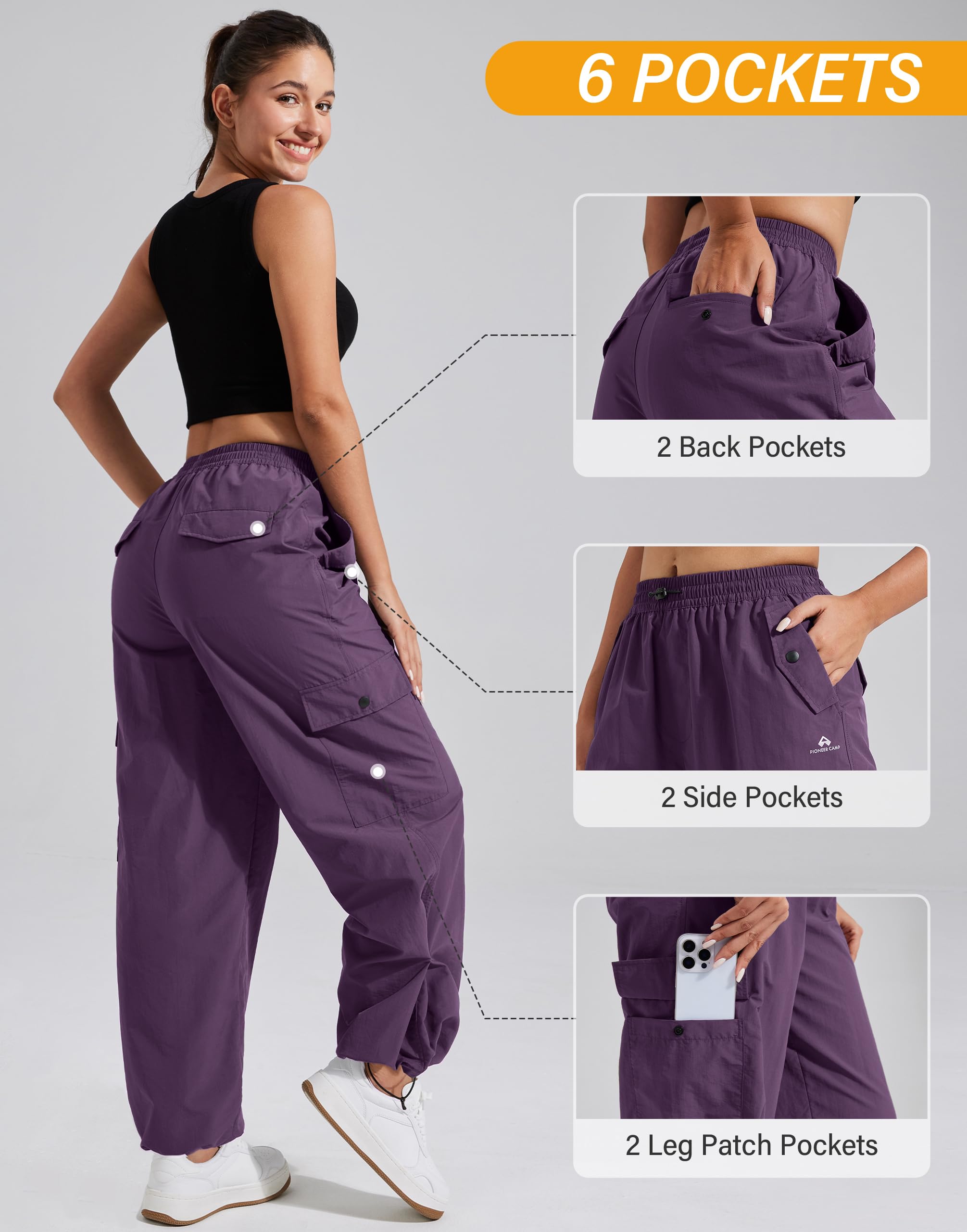 Pioneer Camp Pantalon cargo de parachute pour femme avec poches, taille haute, pantalon de randonnée à séchage rapide, léger, jambe large