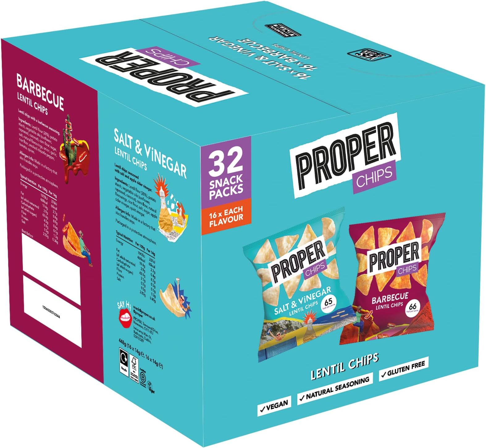 Multipack Box, Barbecue and Salt & Vinegar Lentil Chips, Vegan, Gluten Free Snacks, 14g, 32 Packs, (16 bags of each flavour)