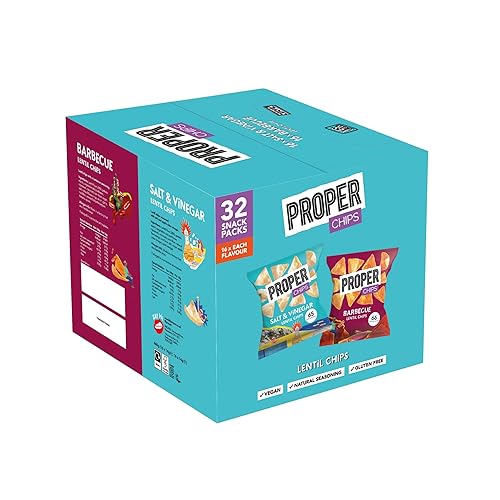 PROPER - Multipack Box, Barbecue and Salt & Vinegar Lentil Chips, Vegan, Gluten Free Snacks, 14g, 32 Packs, (16 bags of each flavour)