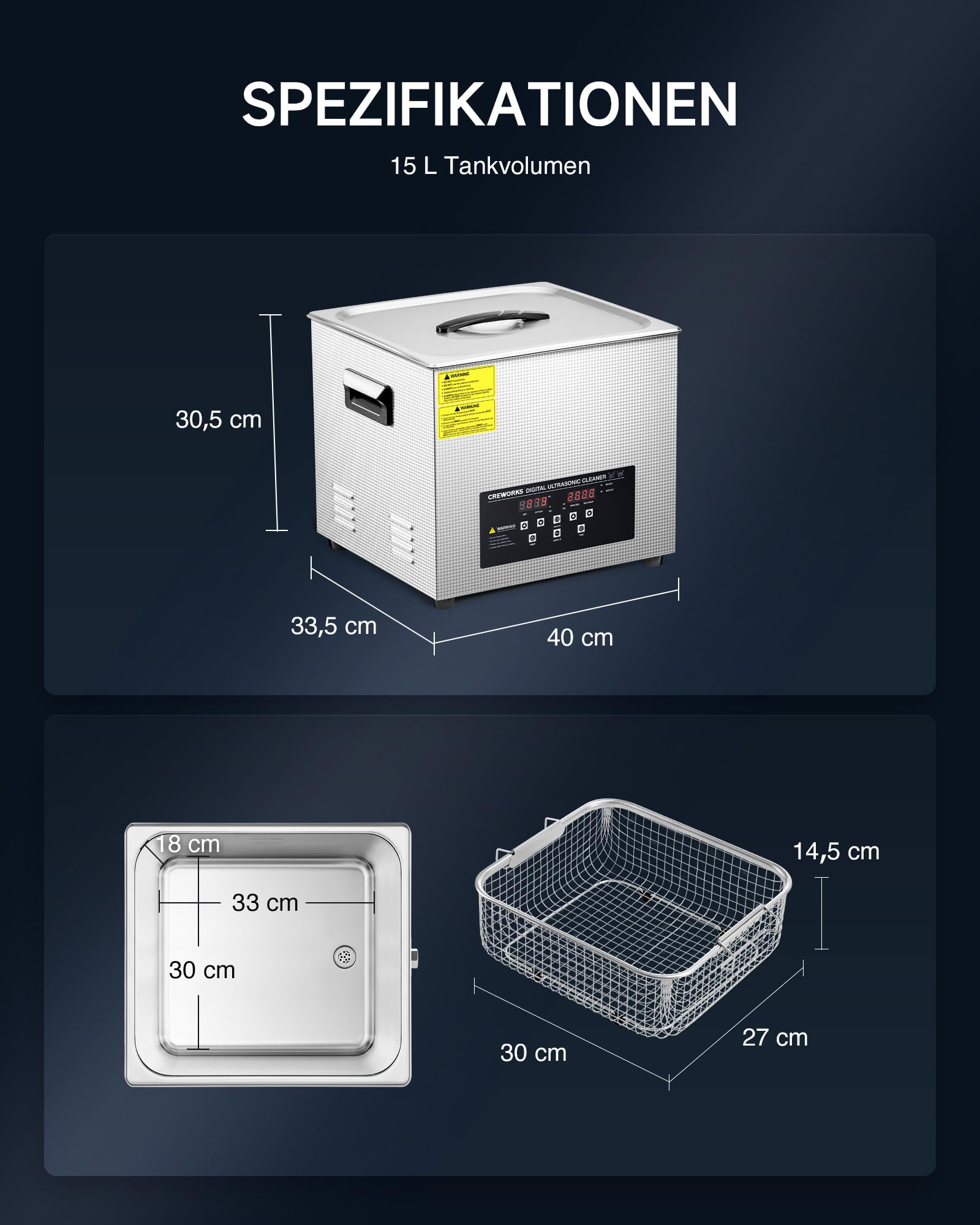 CREWORKS 15L Ultraschallreiniger Edelstahl mit Degas & Halbwellen-Funktion, 360W Ultraschallreinigungsgerät 450W Heizung, Ultraschallbad für Vergaser Motorteile Schmuck Brillen Labor