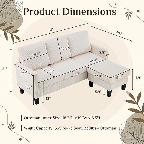 Miniatura 2 de Karl home Sofá modular pequeño en forma de L con almacenamiento movible, otomano, de pana tapizada, con bolsillos laterales para sala de estar,