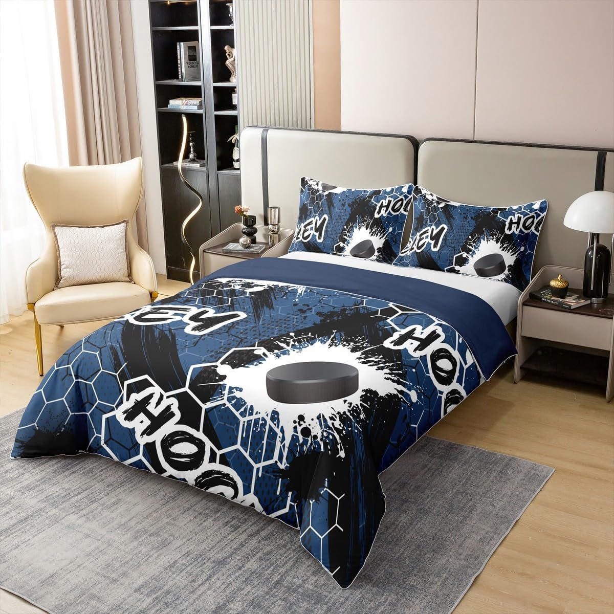 Erosebridal Hockey Sport 100% Organic Cotton Duvet Cover Queen, Honeycomb Theme Gamer Comforter Cover, Black Blue Hockey Plaid Patchwork Bedspread Cover, Splash Fierce Quilt Cover for Teens Boys