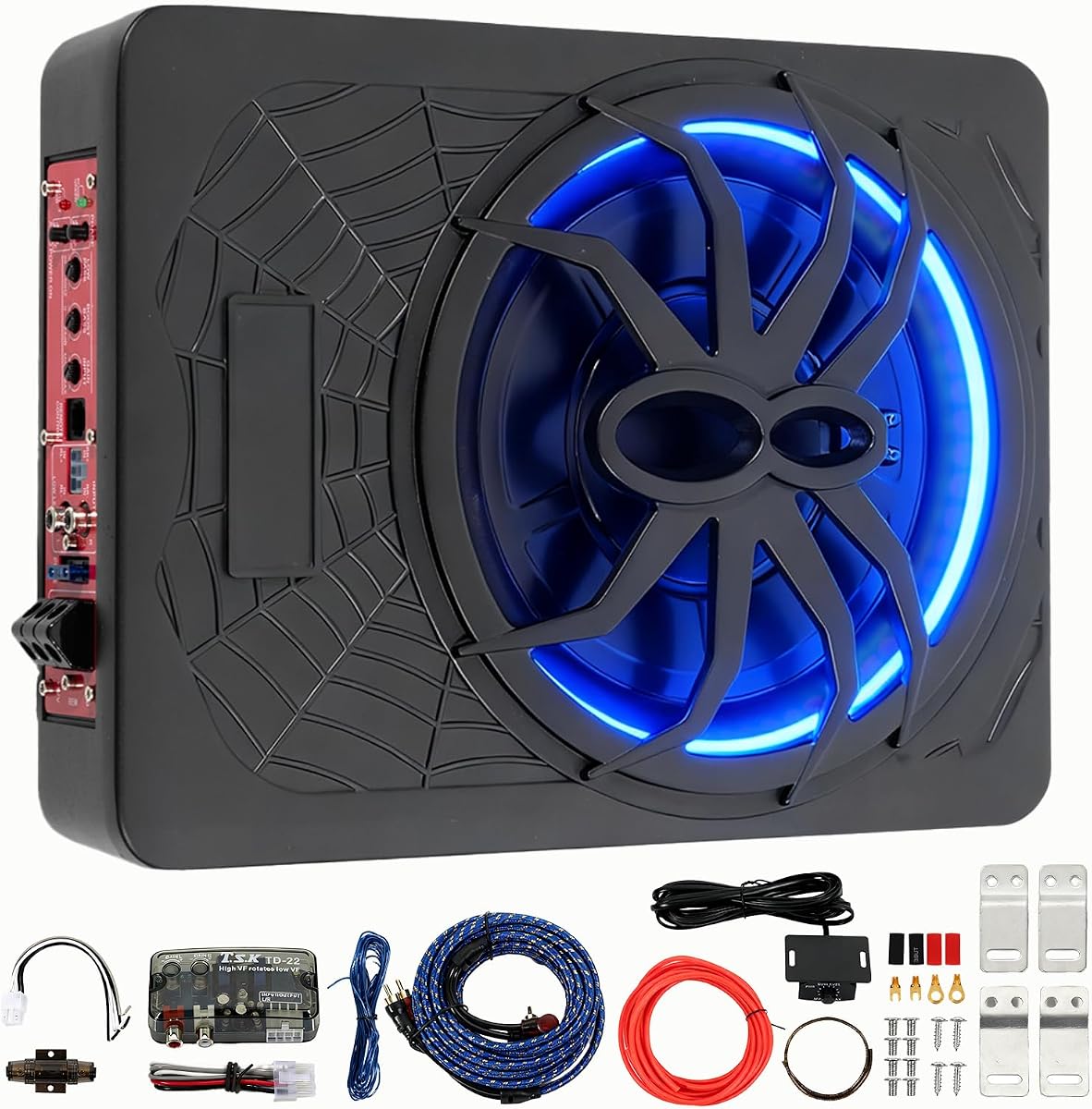 2025 Upgraded 10" Slim Car Subwoofer 1200W, Under Seat Powered Car Subwoofer Car/Truck Audio Sub Built in Amplifier amp Combo with Blue LED Lights & High/Low Level Input, Bass That Hits Hard