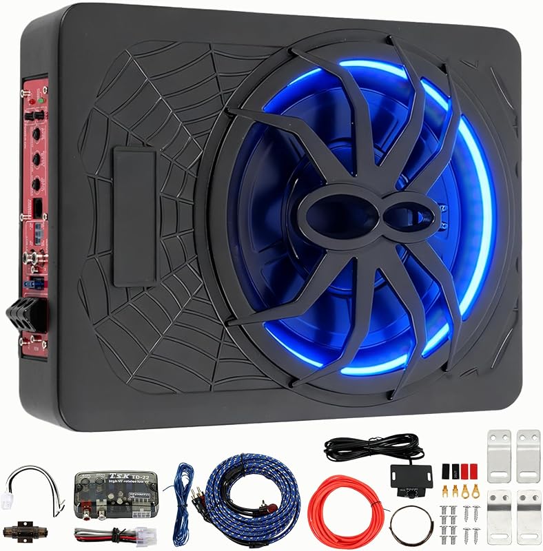 2025 Upgraded 10" Slim Car Subwoofer 1200W, Under Seat Powered Car Subwoofer Car/Truck Audio Sub Built in Amplifier amp Combo with Blue LED Lights & High/Low Level Input, Bass That Hits Hard