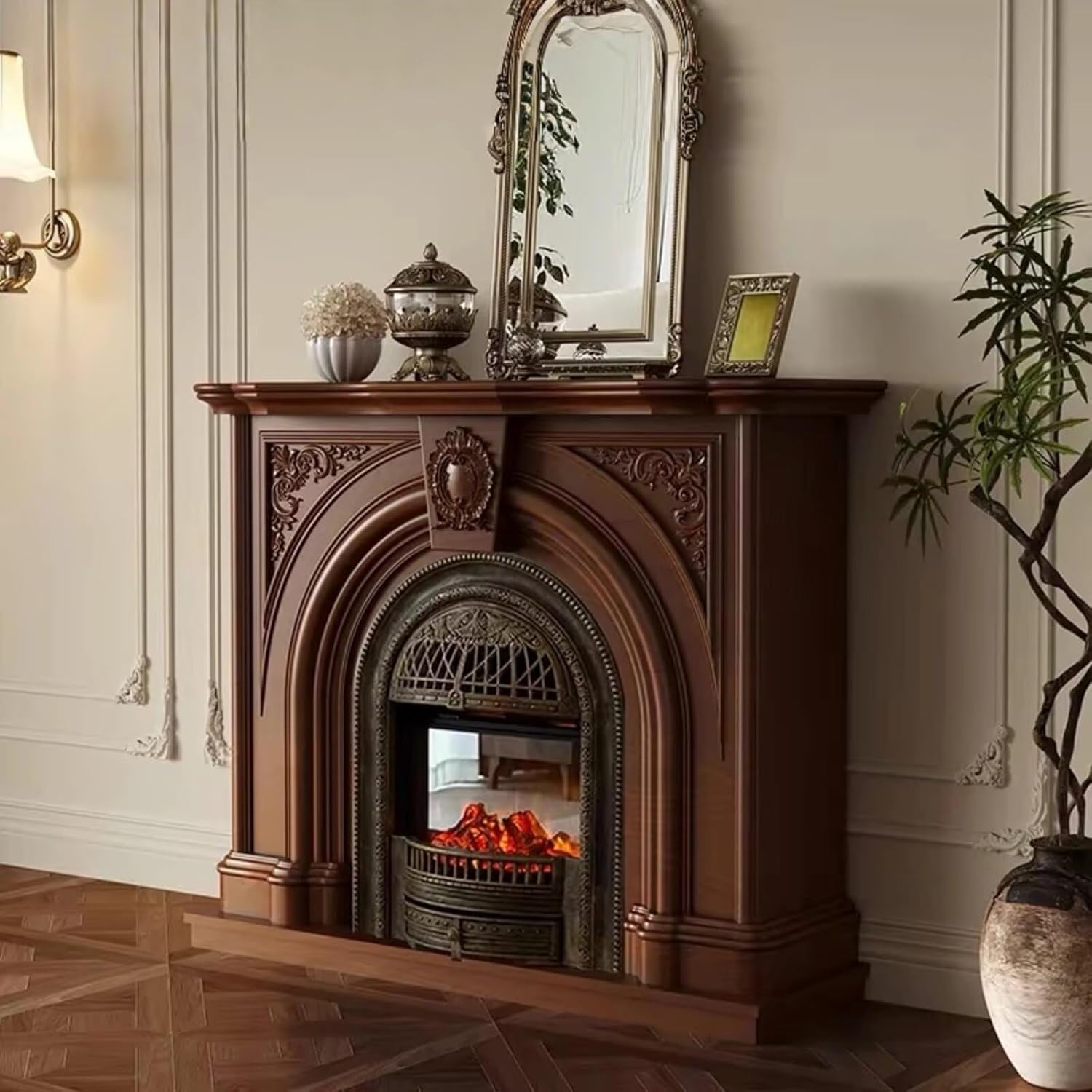 Electric Fireplace - Modern Electric Fireplace Heater with Mantel Includes Arched Birdcage, Tall Cabinet with Real Flame Insert & Brown Solid Wood for Living Room (47IN)