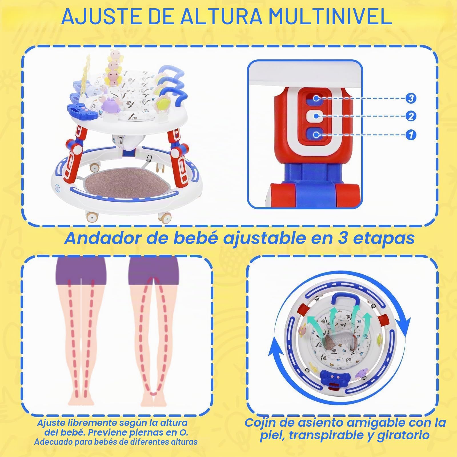 Andador Bebes 5in1,Tacata Bebe Plegable con Altura Música,Plegable Asiento Giratorio 360°, 6 Ruedas Silenciosas,Apto Para Niños y Niñas a Partir de 6 Meses,Azul