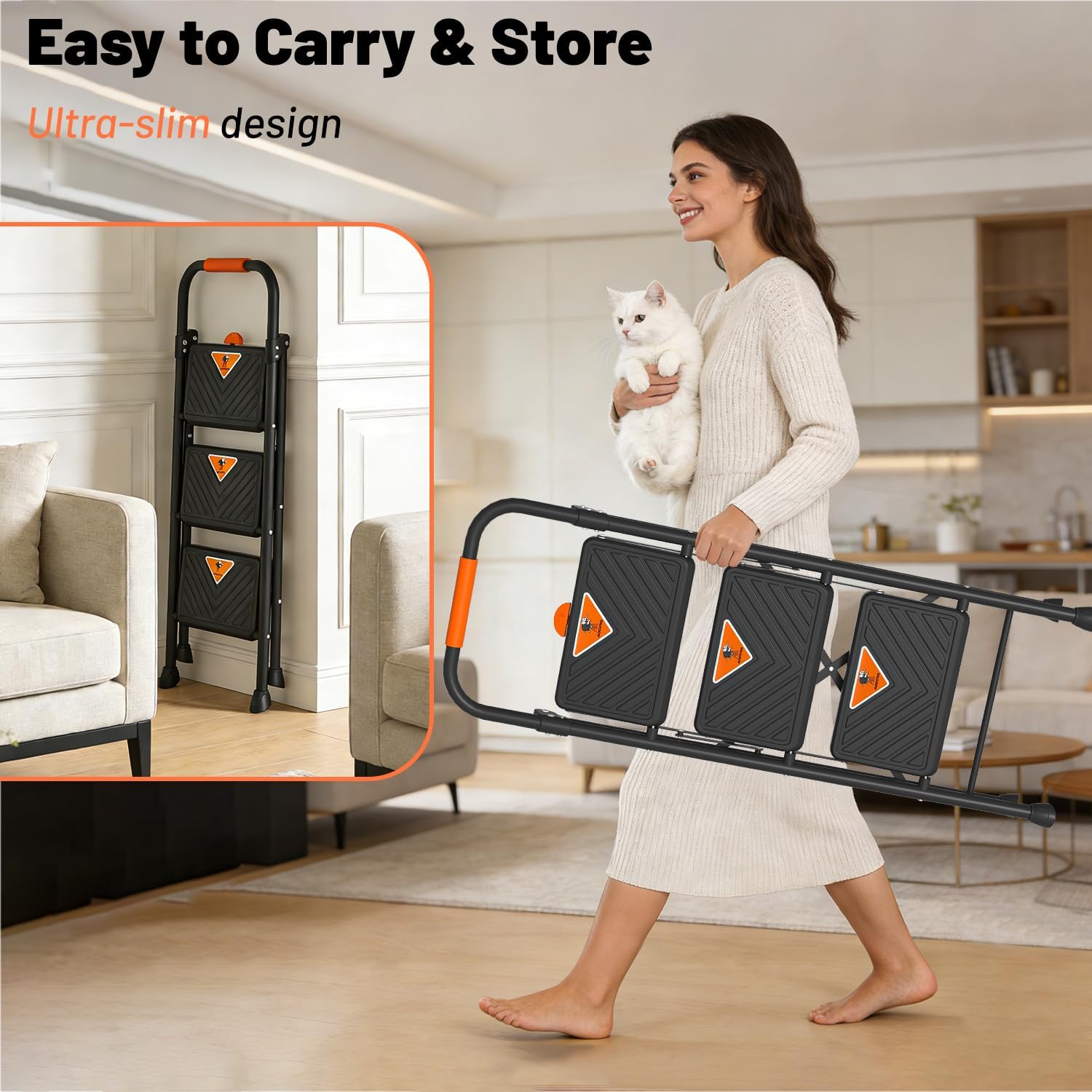 3 Step Ladder, Folding Step Stool with Extra Large & Thick Triangular Anti-Slip Pedal, Sturdy Step Ladder，600 lbs Capacity Heavy Duty Step Stool with Safety Lock for Kitchen, Garden, Home & Garage